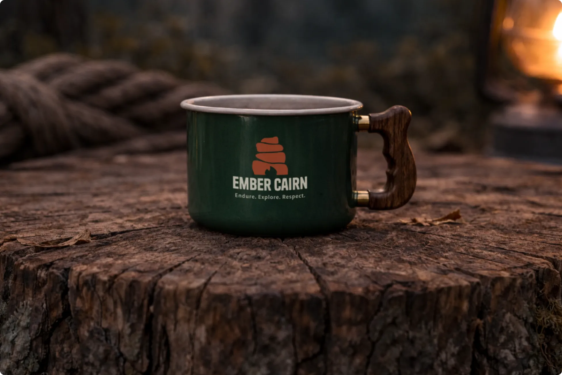 Green enamel camping mug with the Ember Cairn logo placed on a tree stump outdoors.