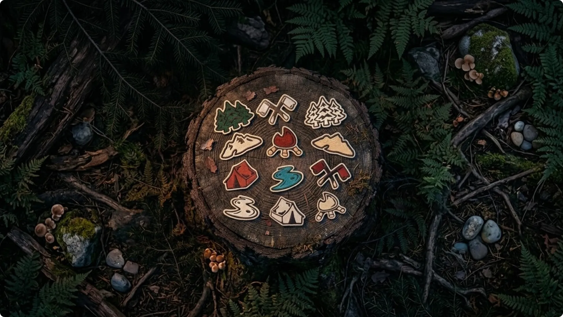 Collection of Ember Cairn embroidered icon patches arranged on a tree stump in a forest.