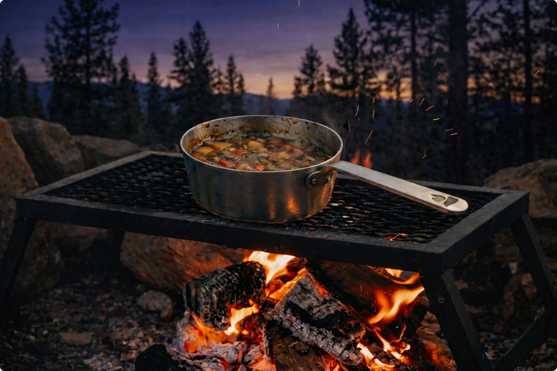 Saucepan cooking over a campfire grill at dusk with the Ember Cairn brandmark engraved on the handle.