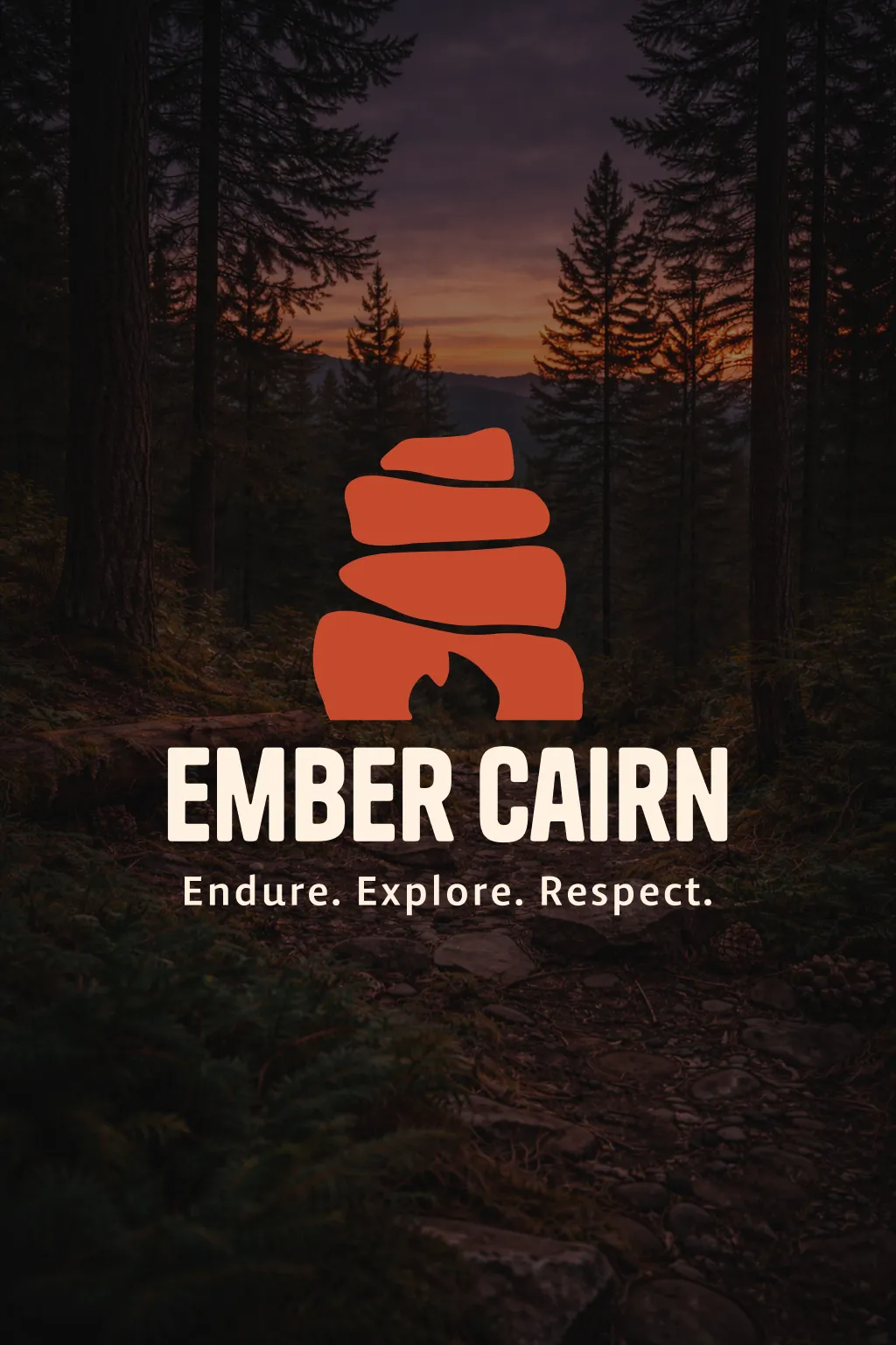 Ember Cairn outdoor brand logo and tagline over a forest landscape at sunset.
