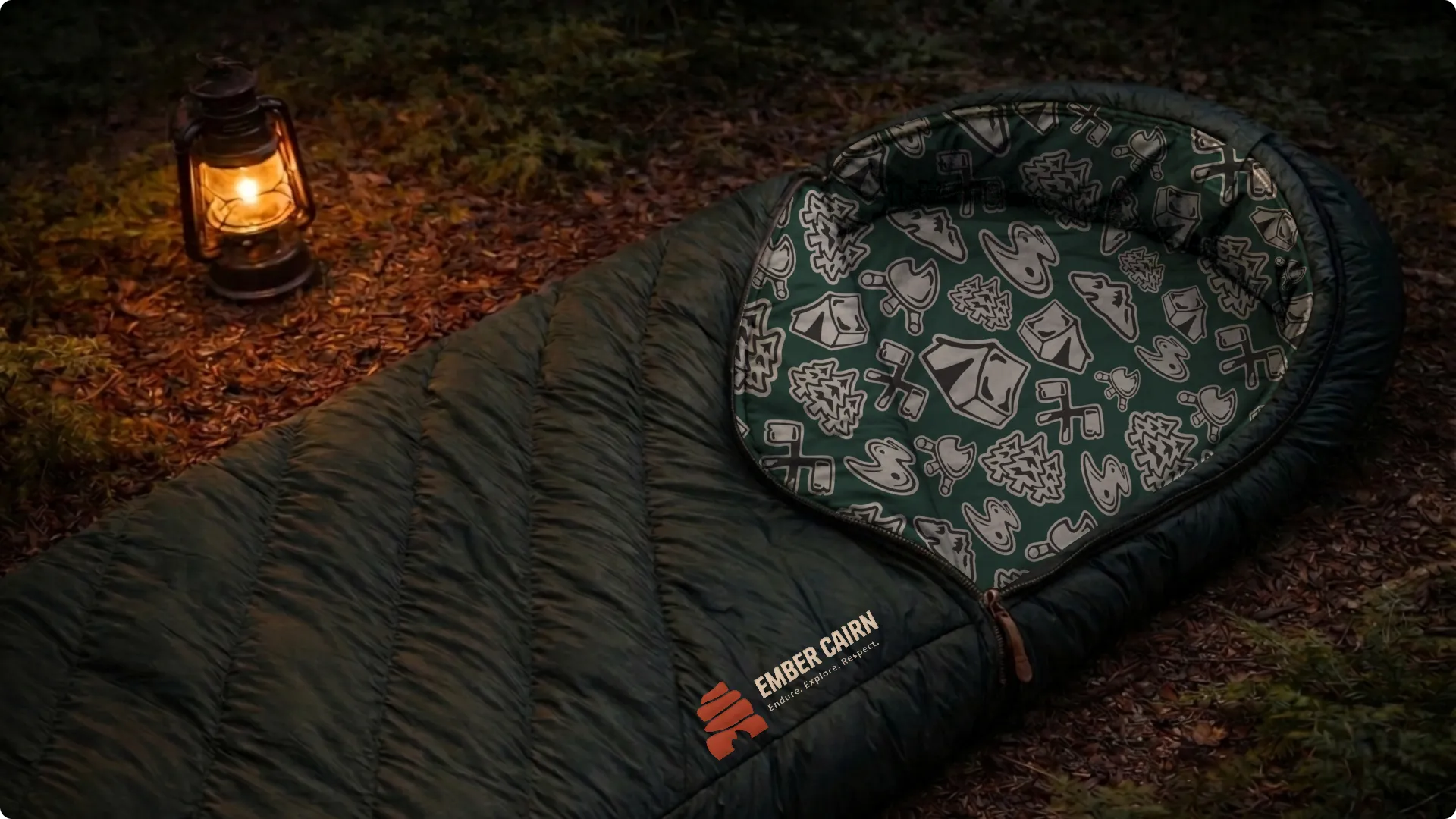 Dark green Ember Cairn sleeping bag on forest floor with camping icon pattern lining and printed logo on the fabric.