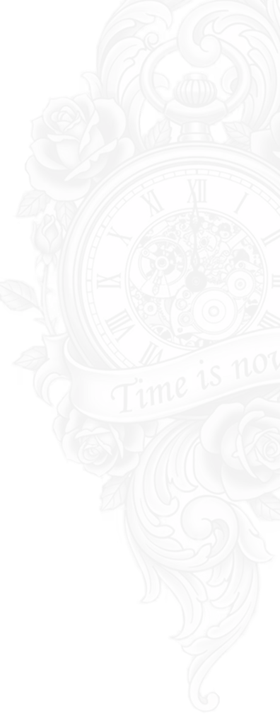 Black and white ornate pocket watch with visible gears, surrounded by roses and decorative scrollwork, with a banner reading 'Time is now'.