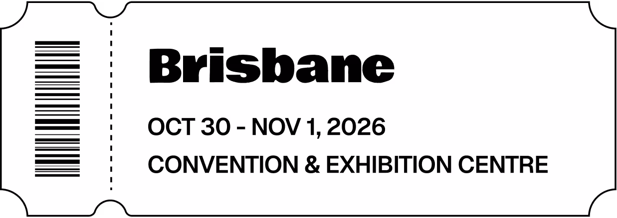 Event ticket for Brisbane from October 30 to November 1, 2026, at the Convention & Exhibition Centre, featuring a barcode on the left.