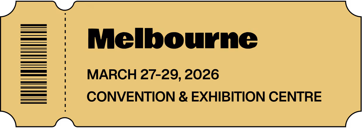 Ticket with barcode for Melbourne event at Convention & Exhibition Centre from March 27-29, 2026.