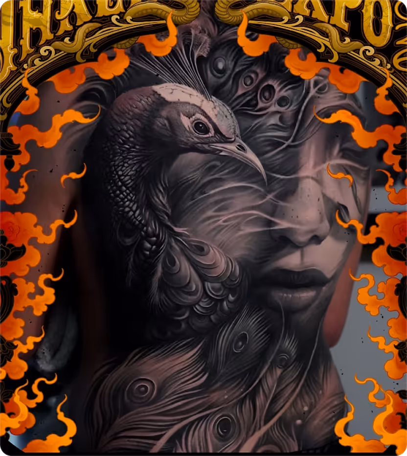Tattoo of a detailed peacock and a woman's face blended together with orange smoke accents on skin.