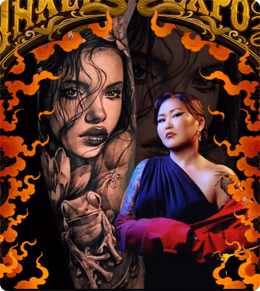 Person in a dark one-shoulder dress and red gloves standing next to a detailed black and gray tattoo sleeve with a woman's face and a frog.