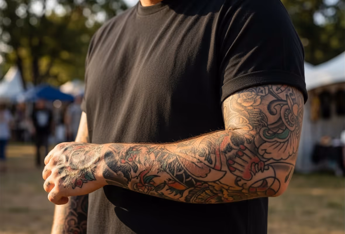 Person wearing a black t-shirt showing a full sleeve colorful tattoo with floral and abstract designs on their right arm.