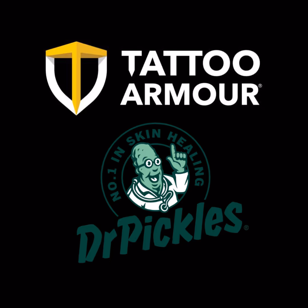 Tattoo Armour logo with a shield emblem above the Dr Pickles No. 1 in Skin Healing mascot illustration.
