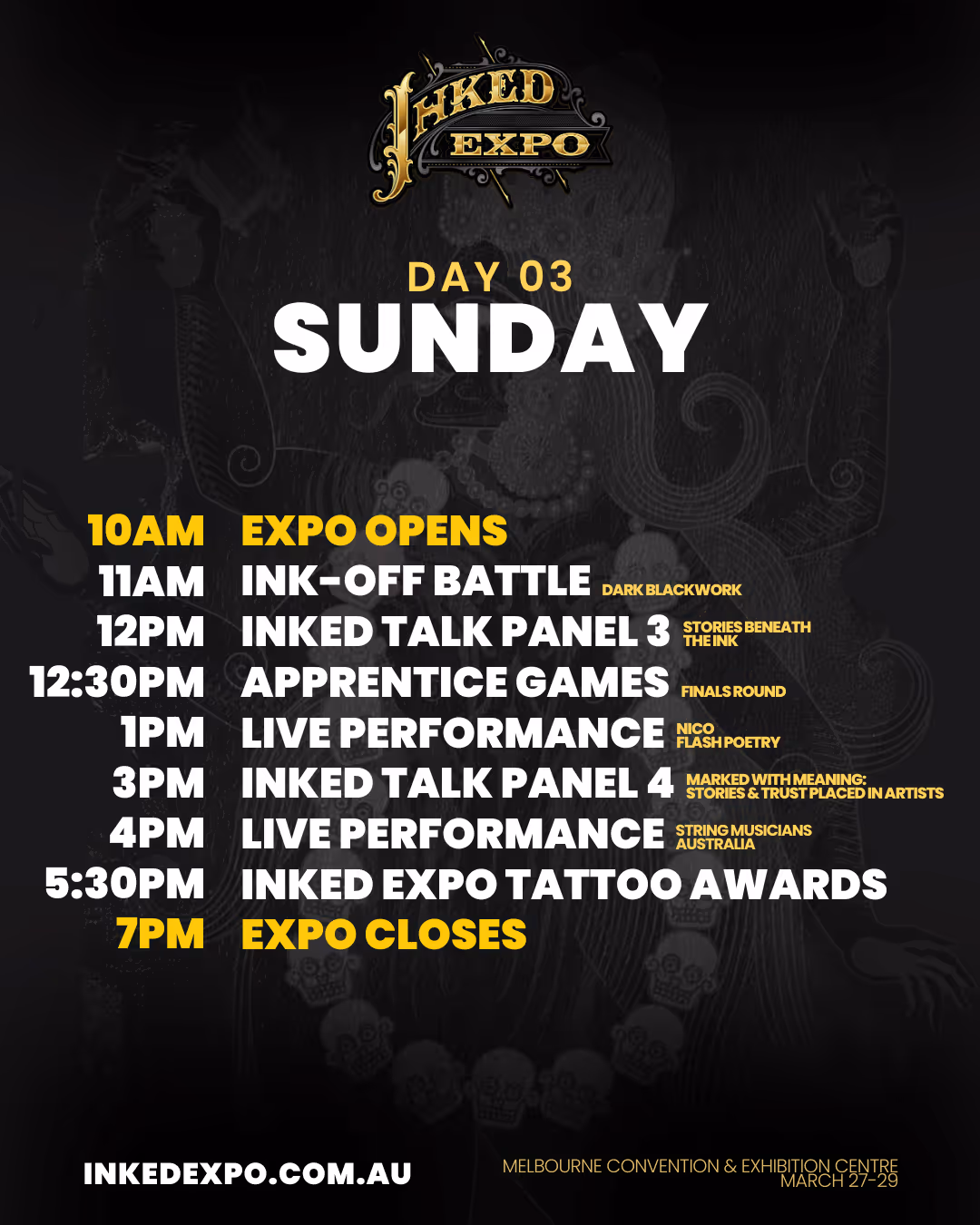 InkED Expo Day 03 Sunday schedule with event times from 10 AM expo opening to 7 PM expo closing at Melbourne Convention & Exhibition Centre.