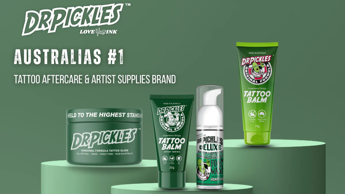 Dr. Pickles tattoo aftercare and artist supplies products including tattoo balm and hemp oil on green pedestals with text stating Australia's #1 tattoo aftercare and artist supplies brand.