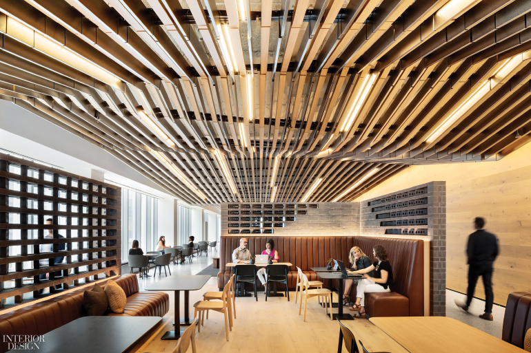Spacious corporate café with a patterned wood ceiling
