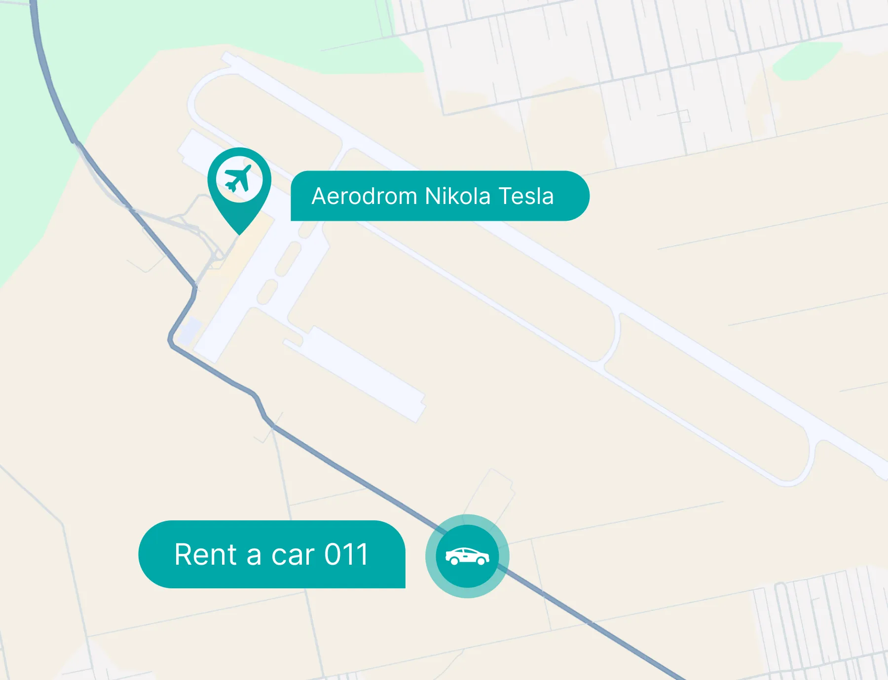 Map showing Aerodrom Nikola Tesla airport and a nearby Rent a car 011 location marked with icons.