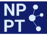 Logo with white letters NP PT and connected dots forming a network on dark blue background.