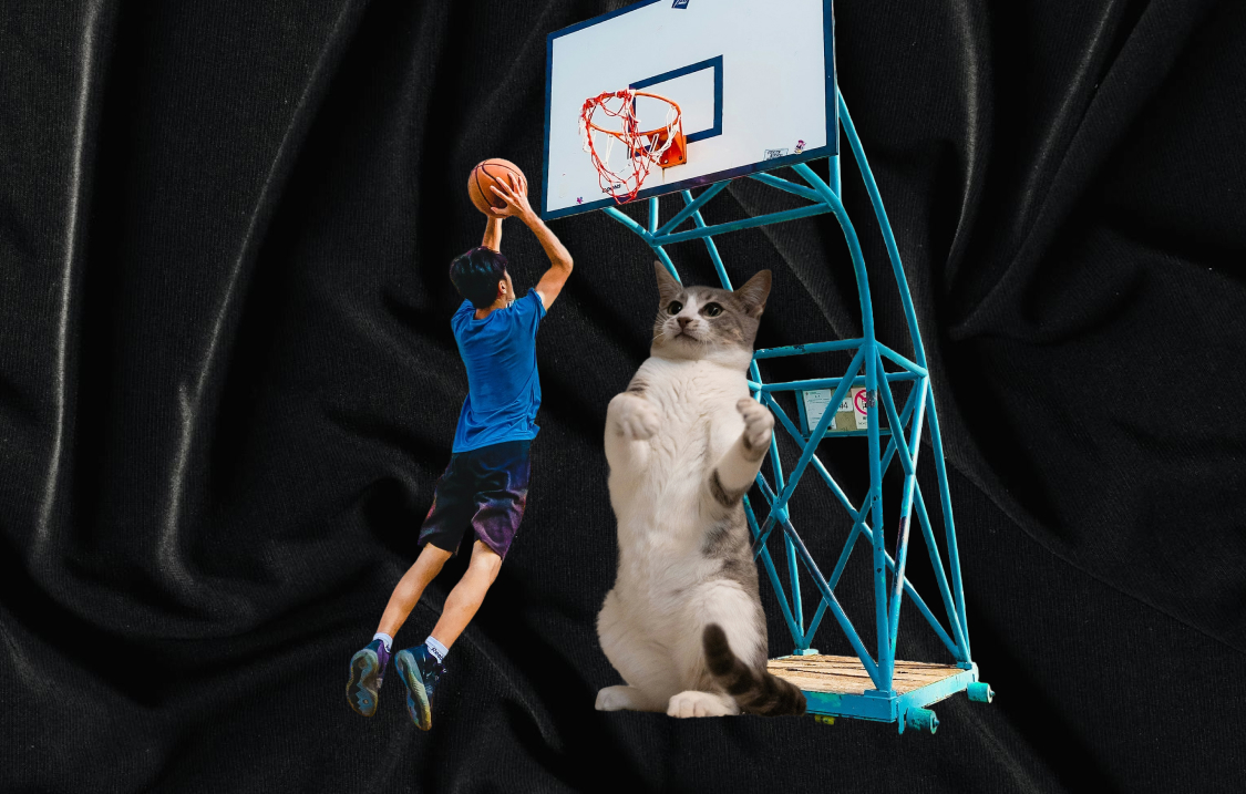 A person in a blue shirt jumping to shoot a basketball next to a large cat standing on its hind legs near a basketball hoop.