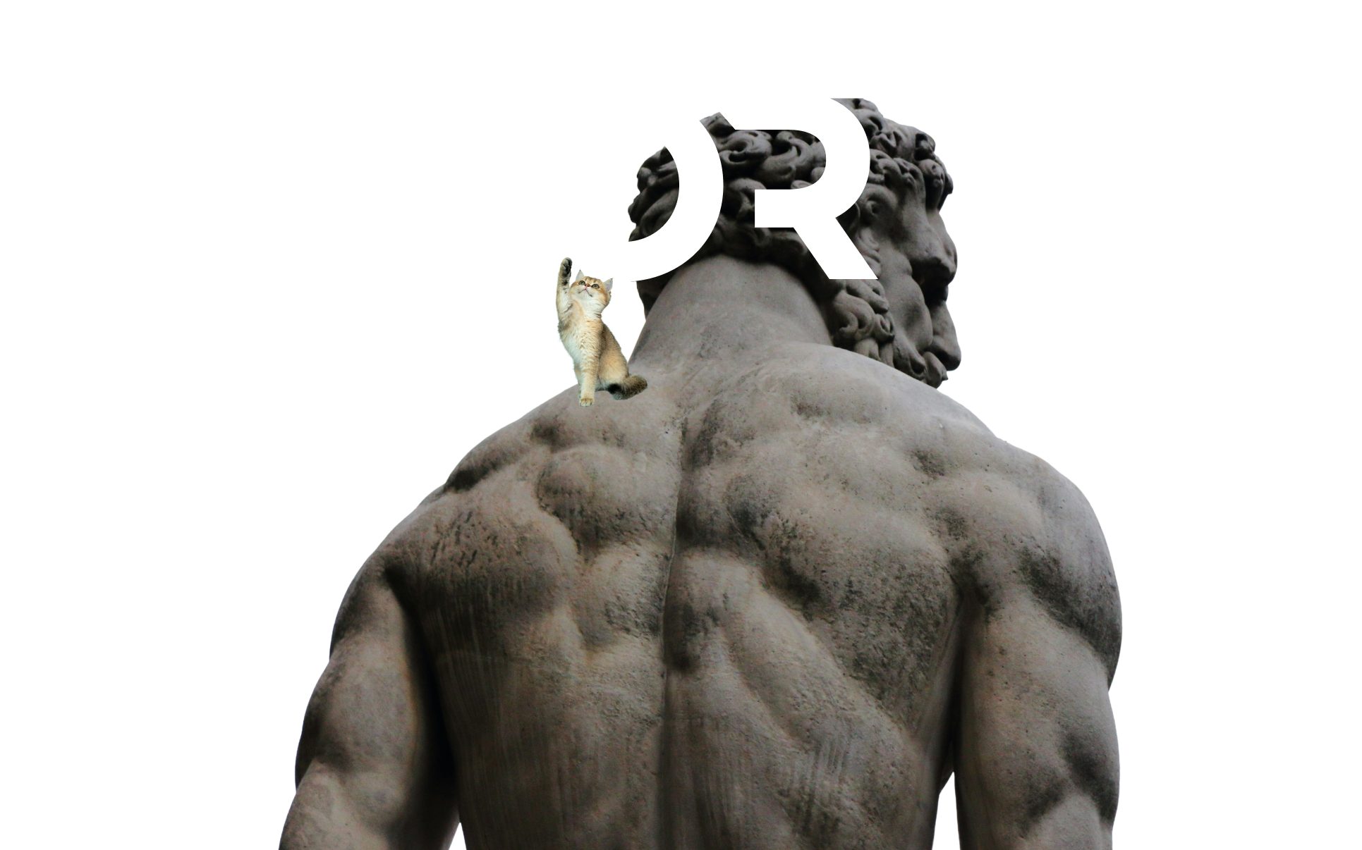 Rear view of muscular stone statue with curly hair, a cat raising a paw on its shoulder, and the word CORE in large white letters behind.