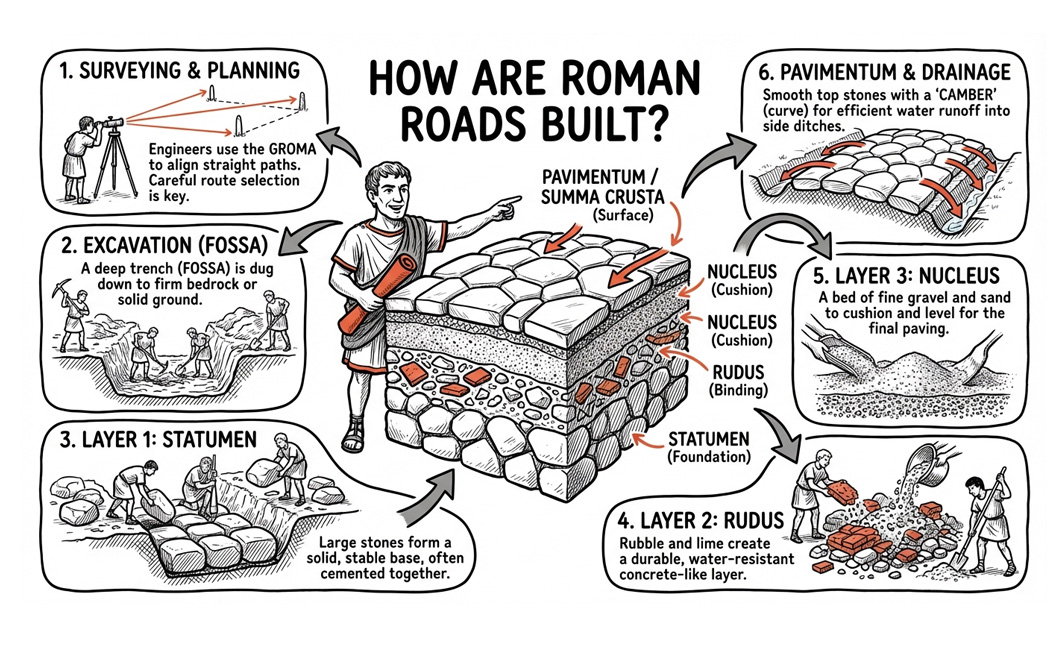 Illustration showing the six steps of Roman road construction with labeled cross-section layers and workers demonstrating surveying, excavation, and layering techniques.