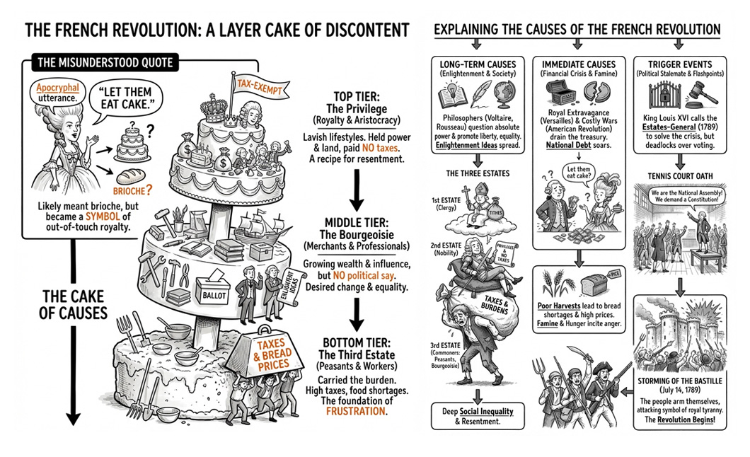 Illustration explaining the causes of the French Revolution as a layer cake of discontent, showing social tiers from privileged aristocracy to peasants, alongside causes such as long-term enlightenment ideas, immediate financial crises, trigger events like King Louis XVI calling the Estates-General, and key moments like the Tennis Court Oath and Storming of the Bastille.