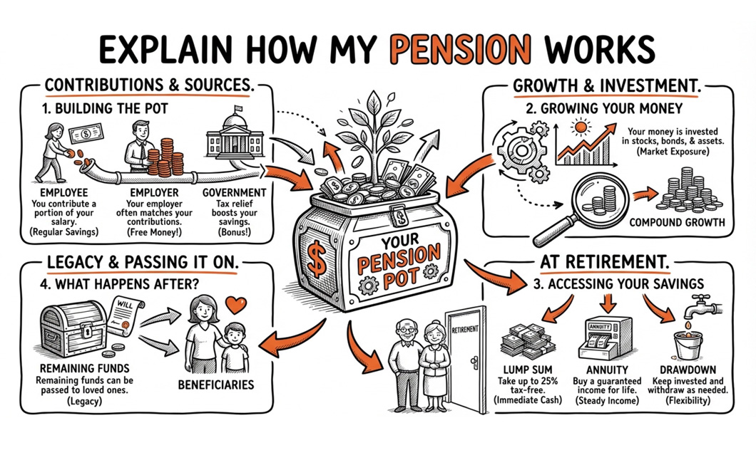 Illustration explaining how engines work with diagrams of internal combustion, steam, rotary, and turbine engines showing combustion and expansion processes.