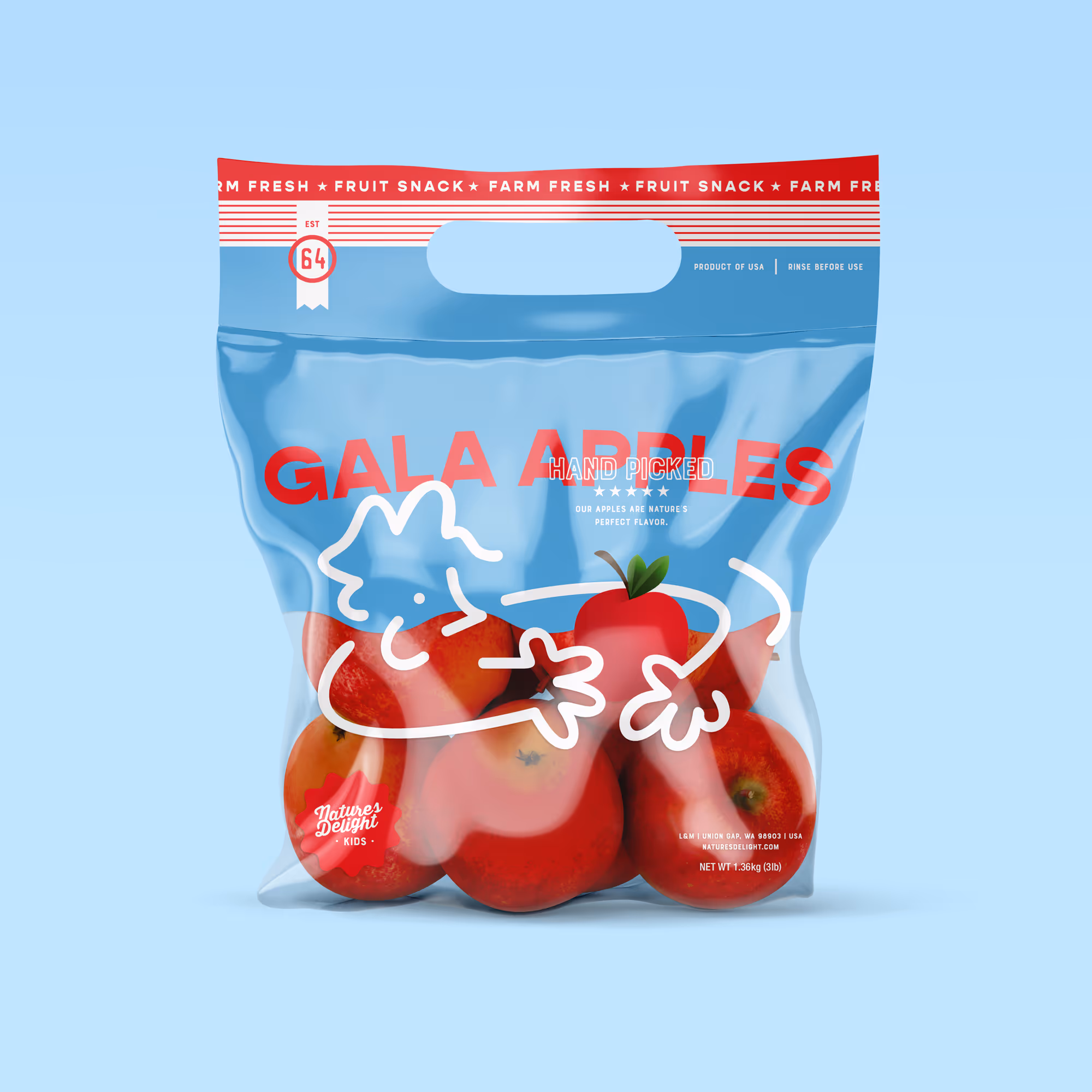 Plastic bag of red Gala apples with a simple white line drawing of a person hugging an apple on the front.