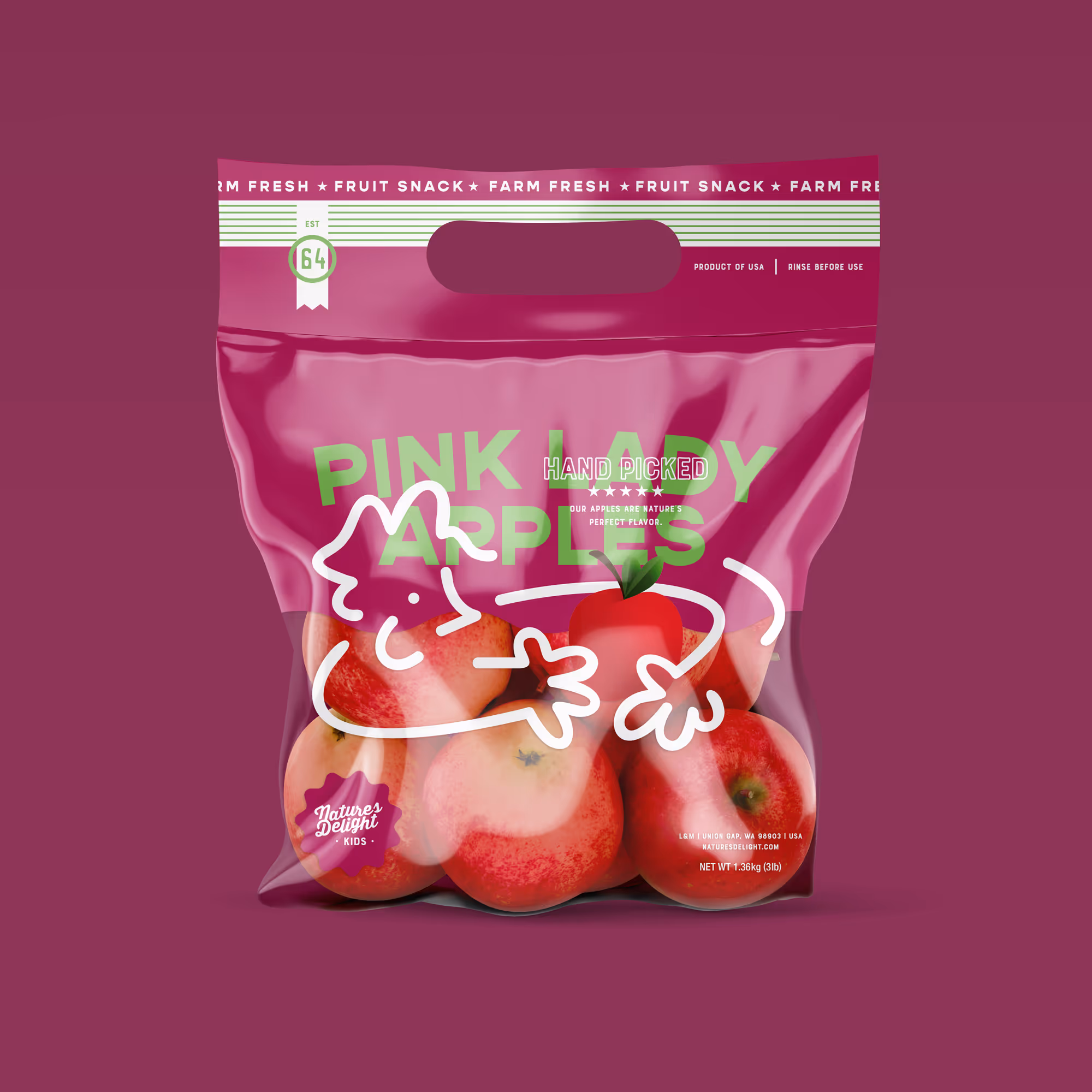 Bag of pink lady apples with a white cartoon character hugging an apple on the packaging.