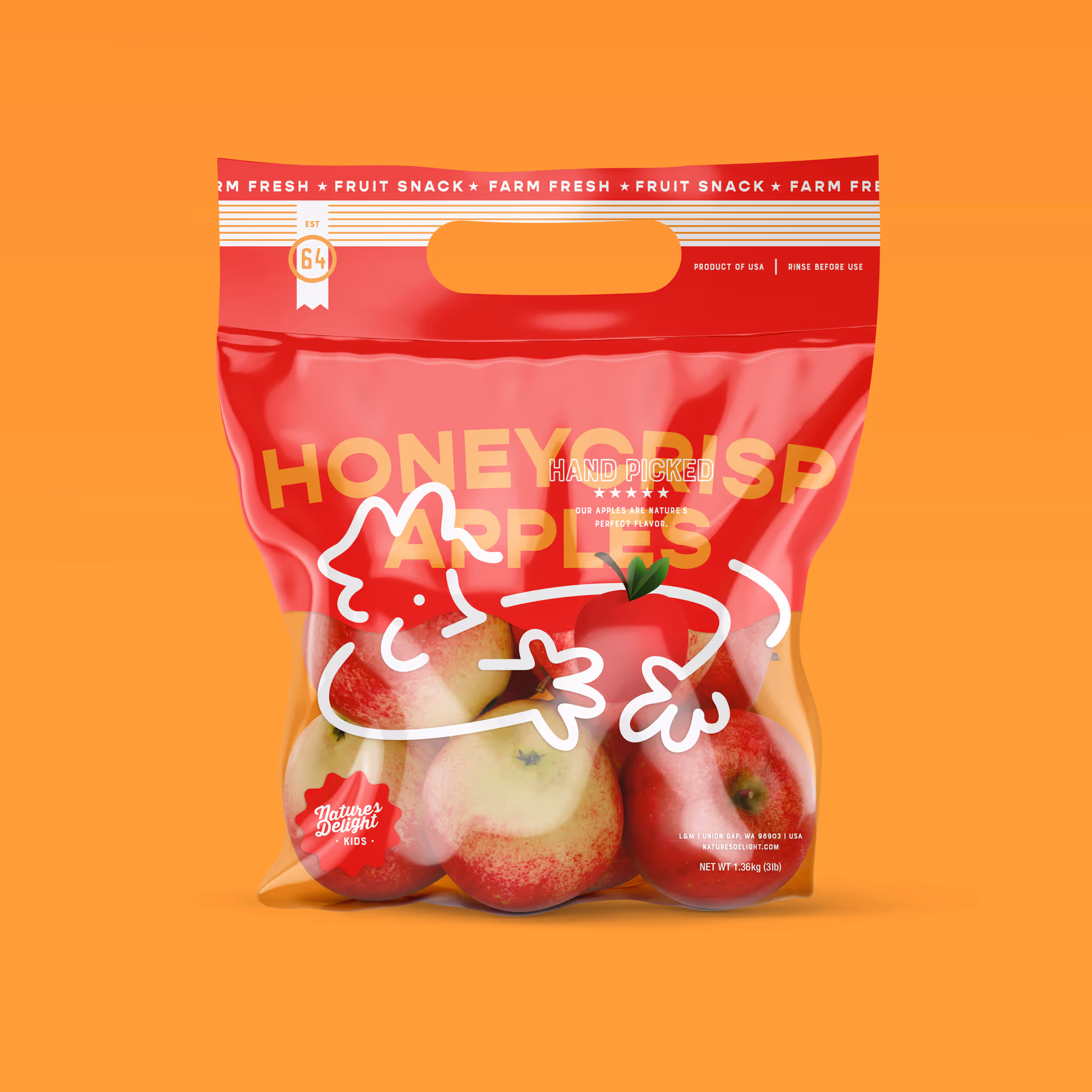 Clear bag of Honeycrisp apples with red top and a white illustration of a person hugging an apple on an orange background.
