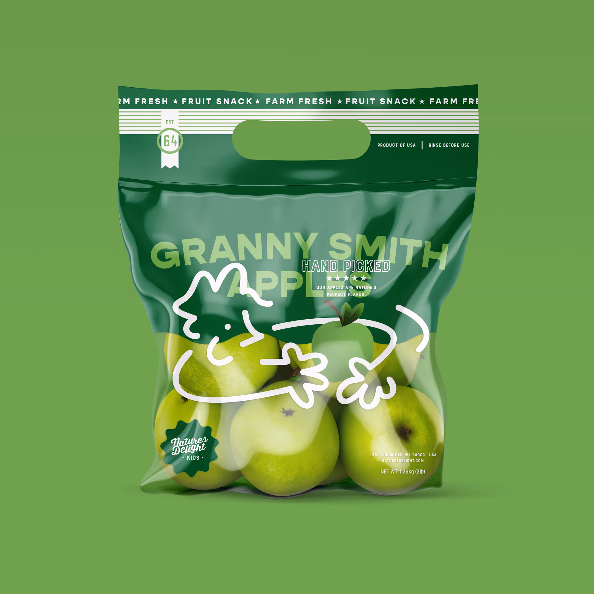 Bag of Granny Smith apples with a green background and a white illustration of a person hugging apples on the package.