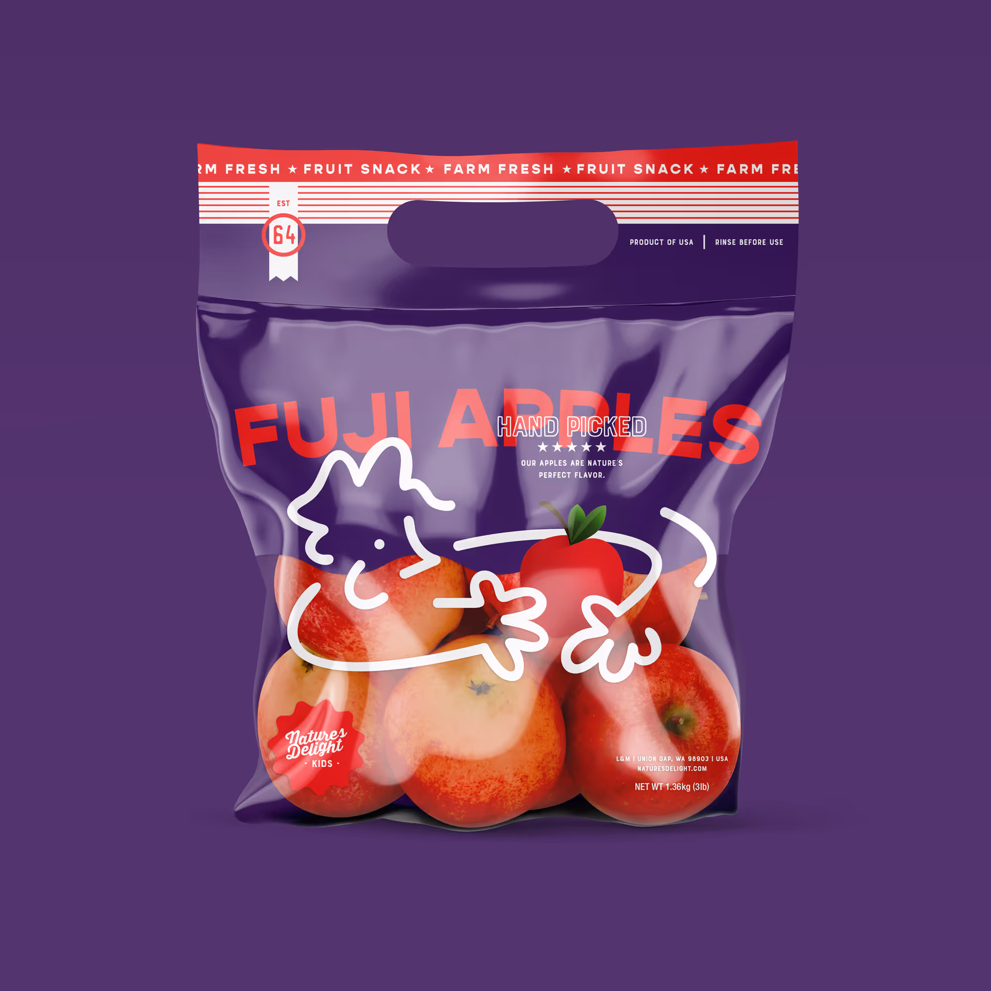 Clear bag of Fuji apples with a red top banner reading Farm Fresh Fruit Snack, featuring an illustration of a person hugging an apple.