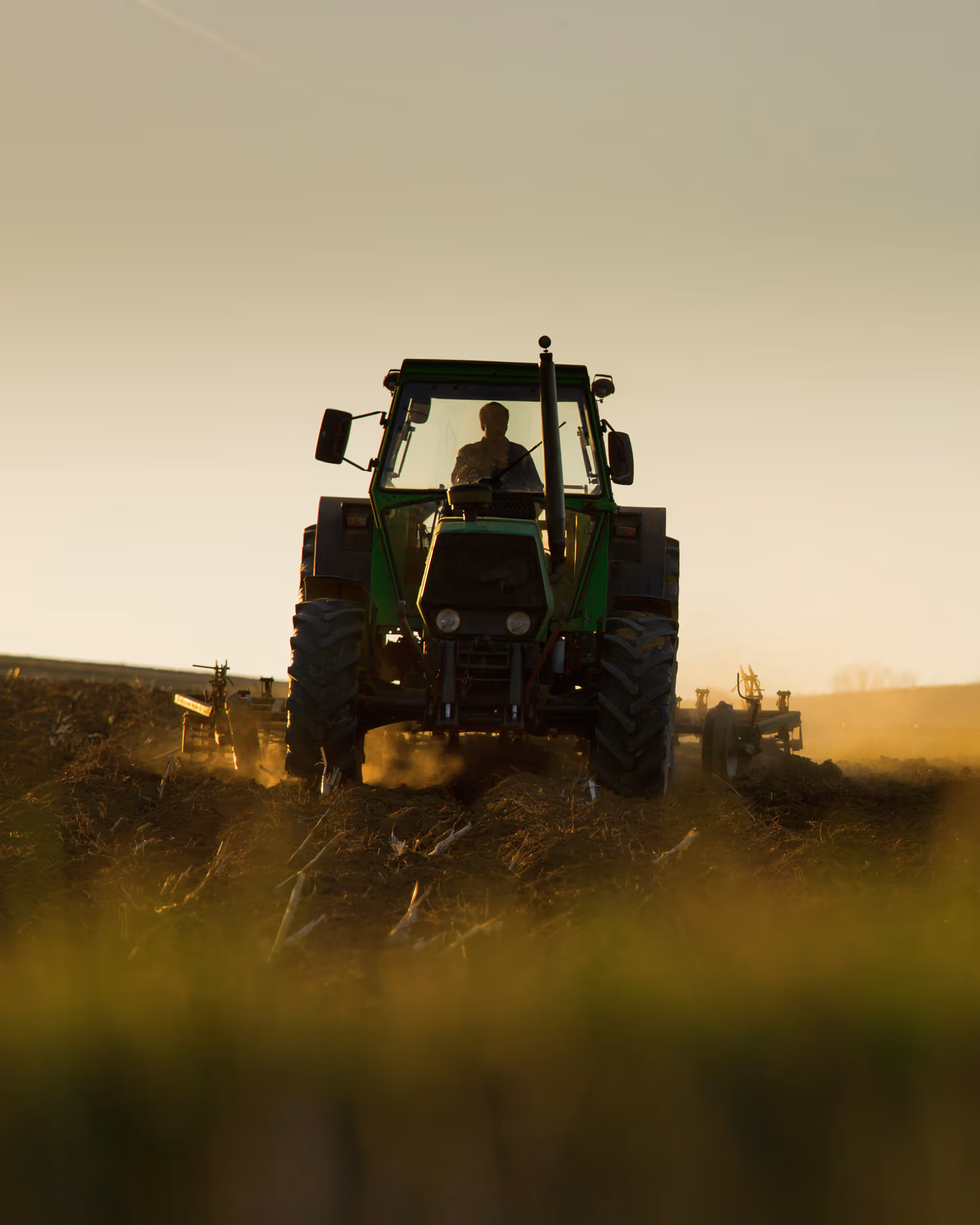 Green tractor plowing a field at sunset with a farmer inside the cab.