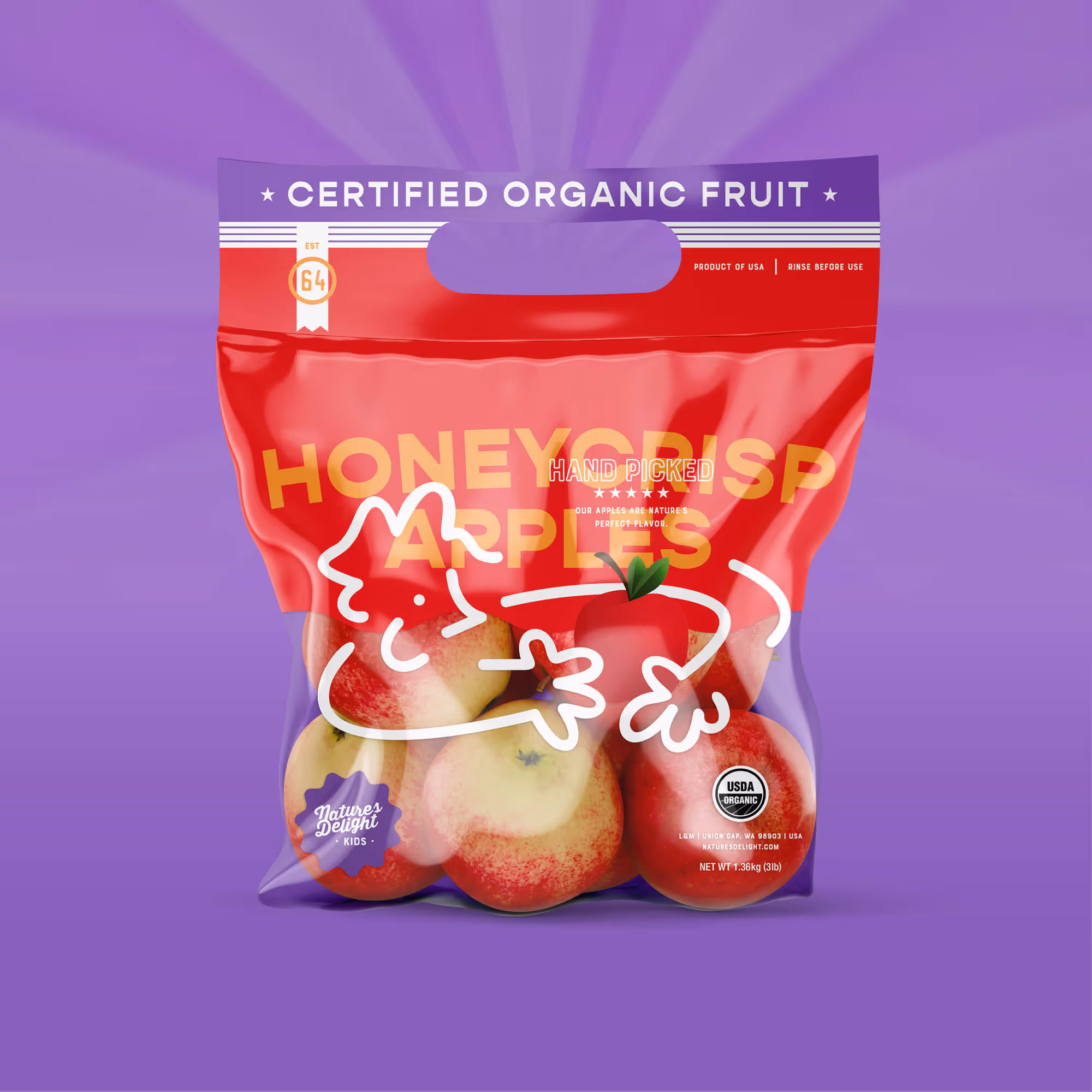 Bag of certified organic Honeycrisp apples with hand-drawn character illustration on red packaging.