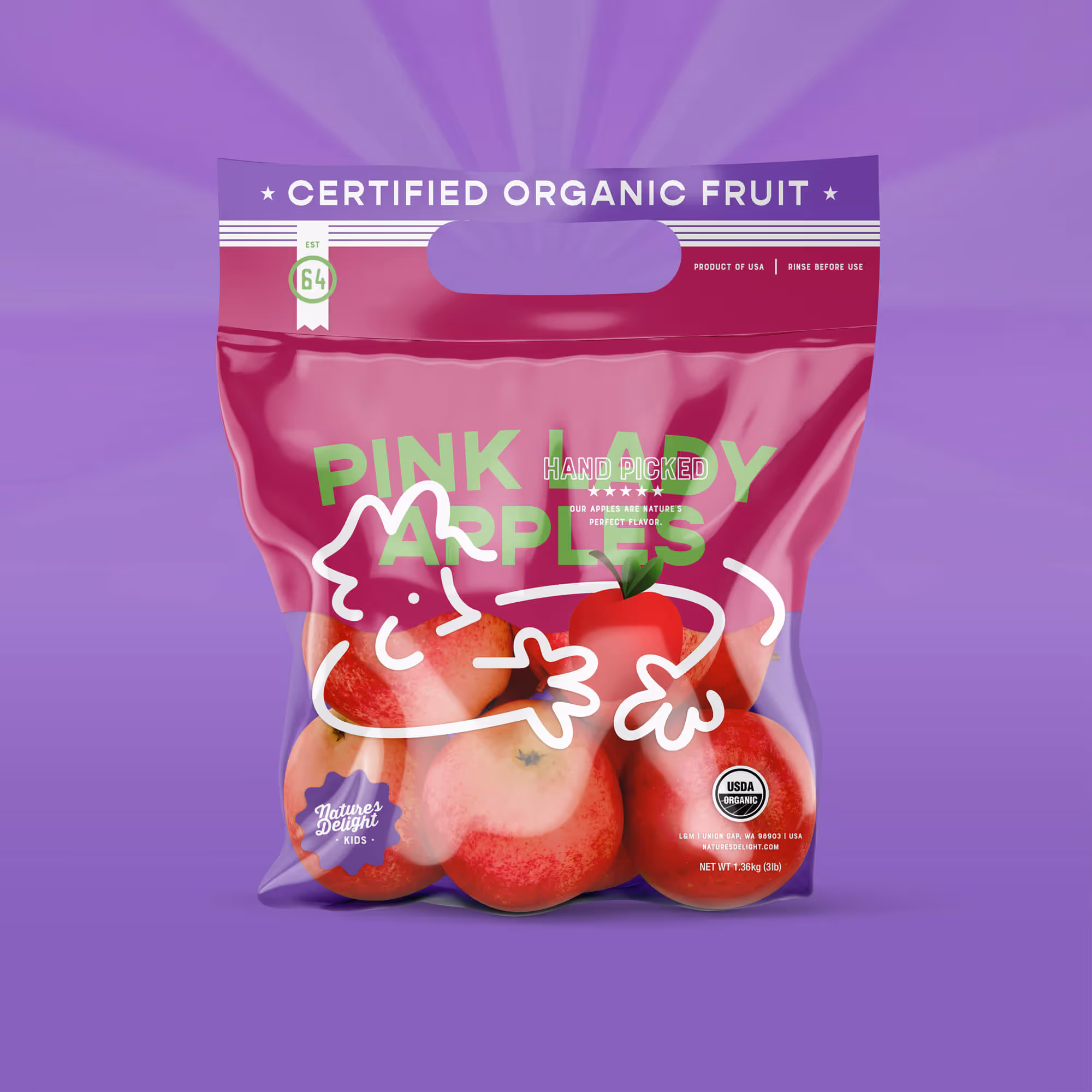 Bag of certified organic Pink Lady apples with a cartoon child hugging an apple on a purple background.