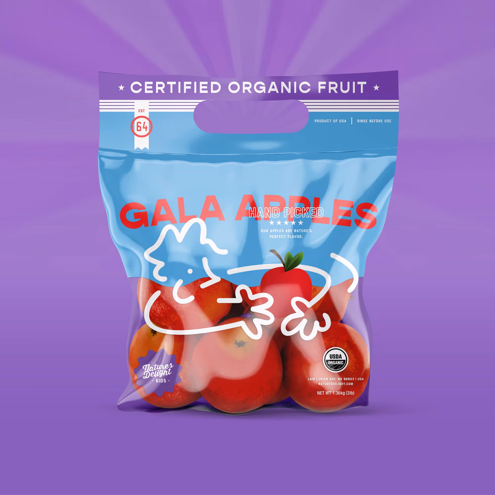 Clear blue bag of certified organic Gala apples with a white line drawing of a person hugging an apple on a purple background.