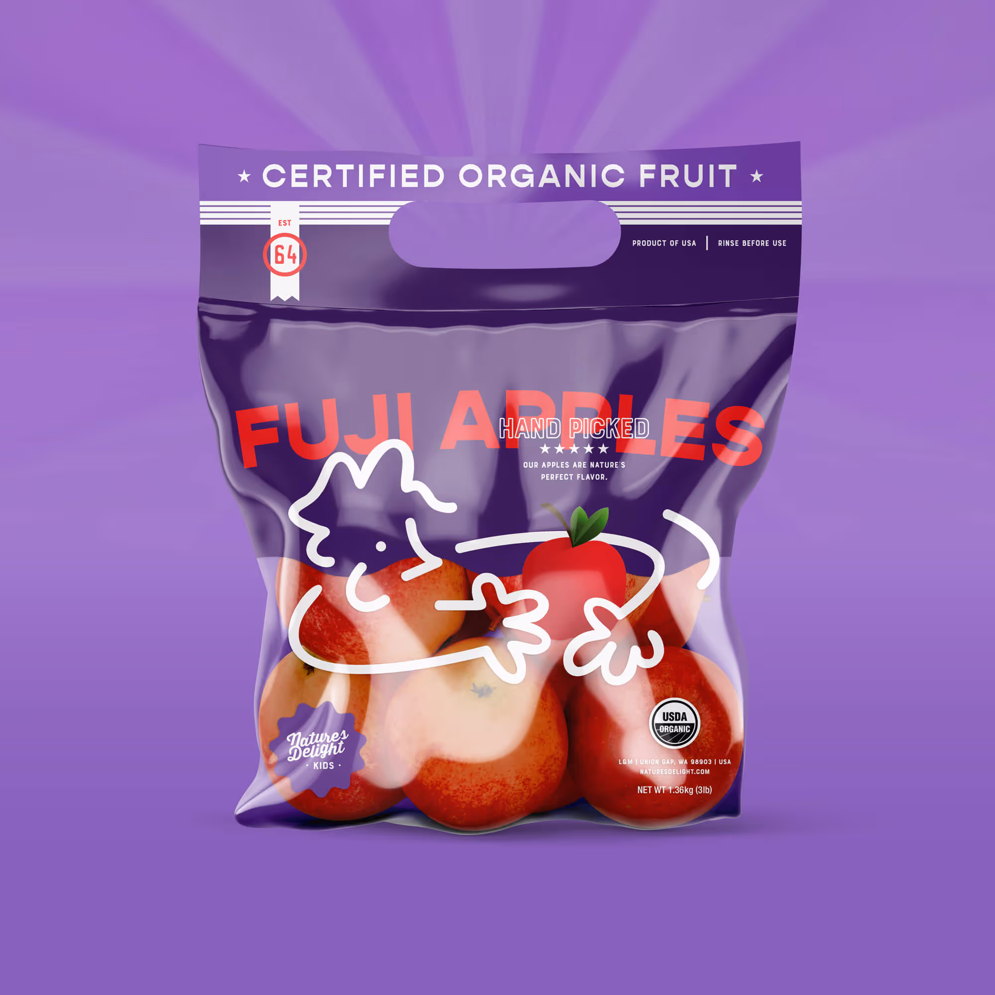 Bag of certified organic Fuji apples labeled with a white line drawing of a person hugging an apple on purple background.