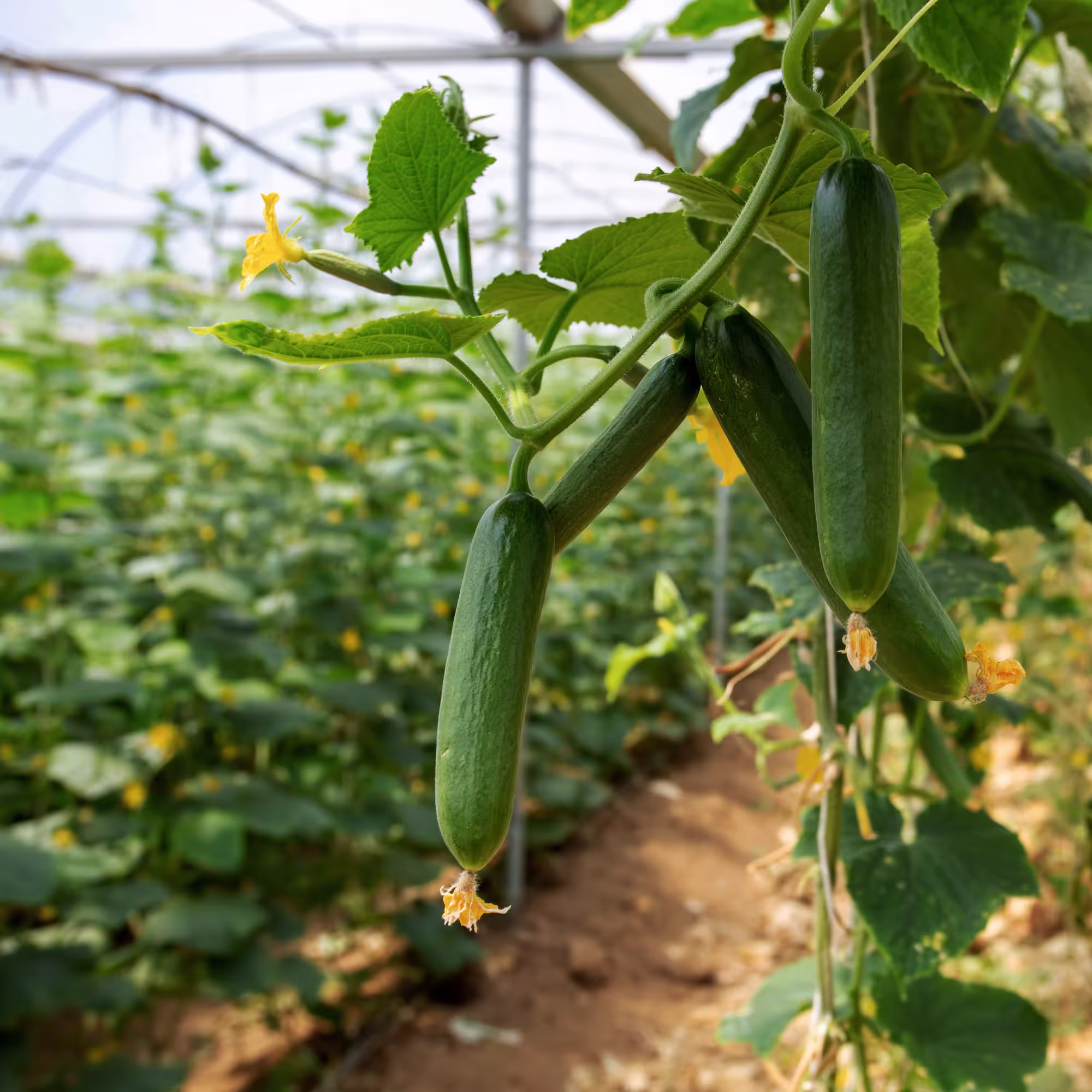 Close-up of cucumbers growing on a vine inside a greenhouse with green leaves and soil path.