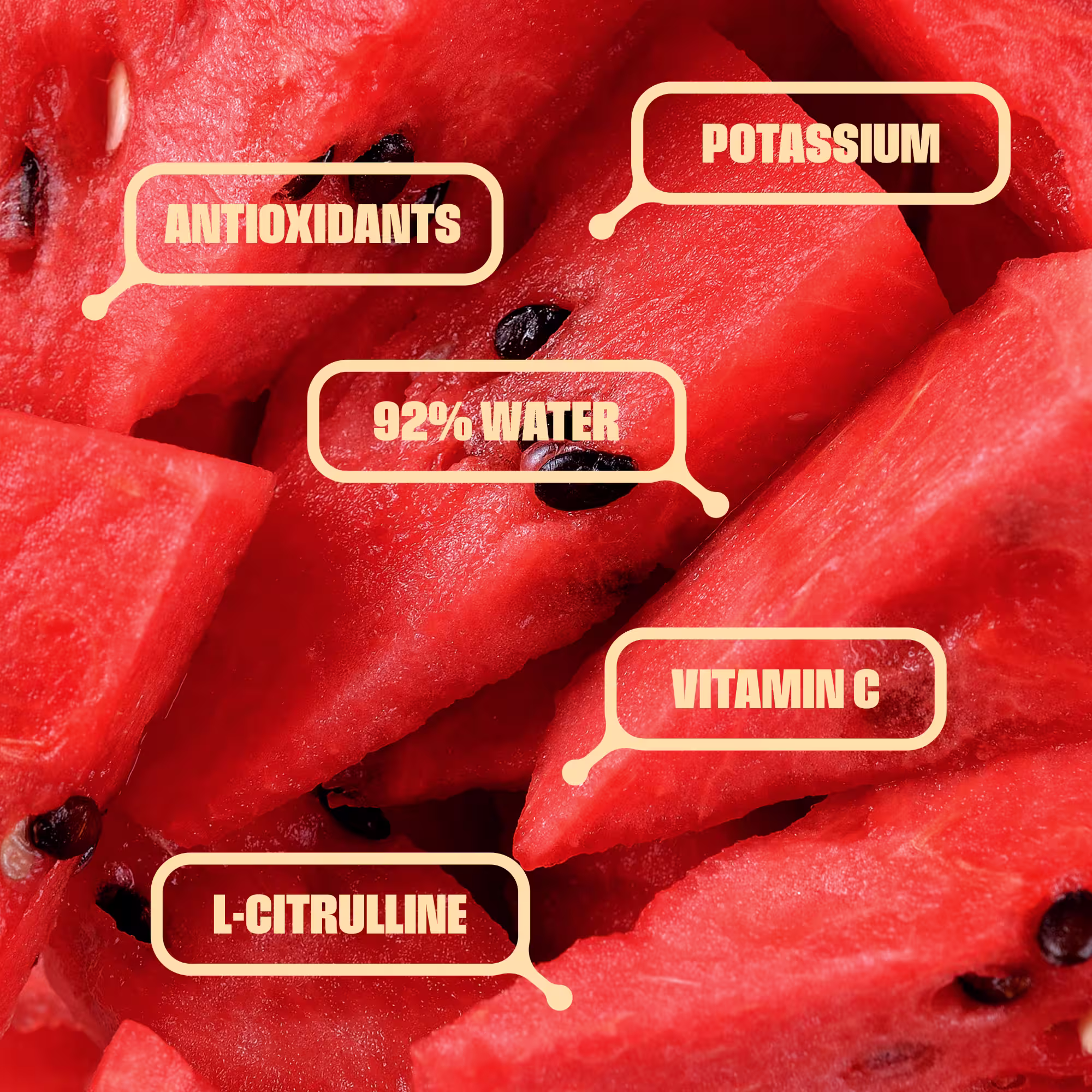 Close-up of red watermelon slices with black seeds and text highlighting nutrients: antioxidants, potassium, 92% water, vitamin C, and L-citrulline.