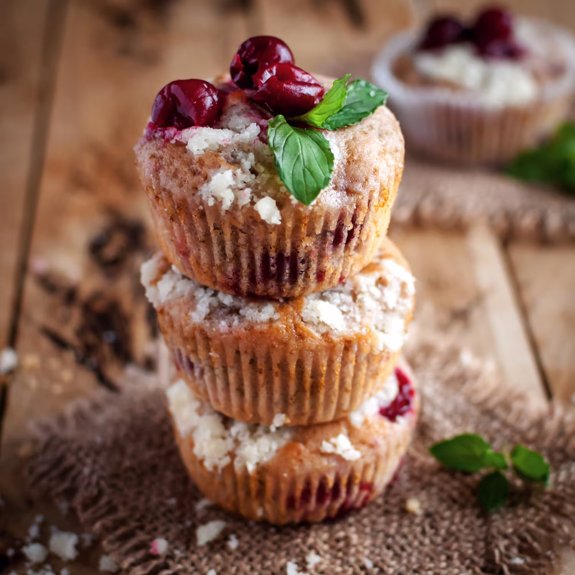 Stack of three homemade cherry muffins topped with mint leaves on a rustic wooden surface.