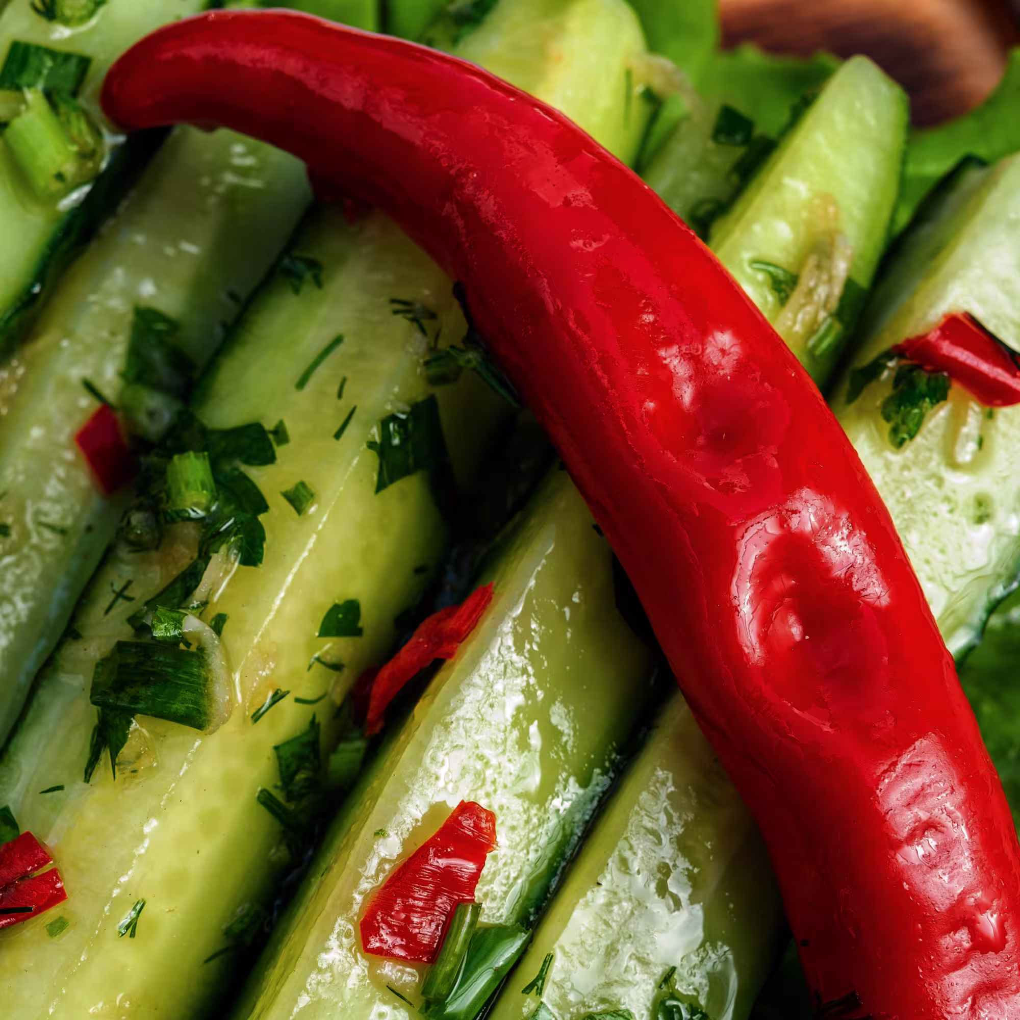 Close-up of sliced cucumbers garnished with chopped herbs and a whole red chili pepper.