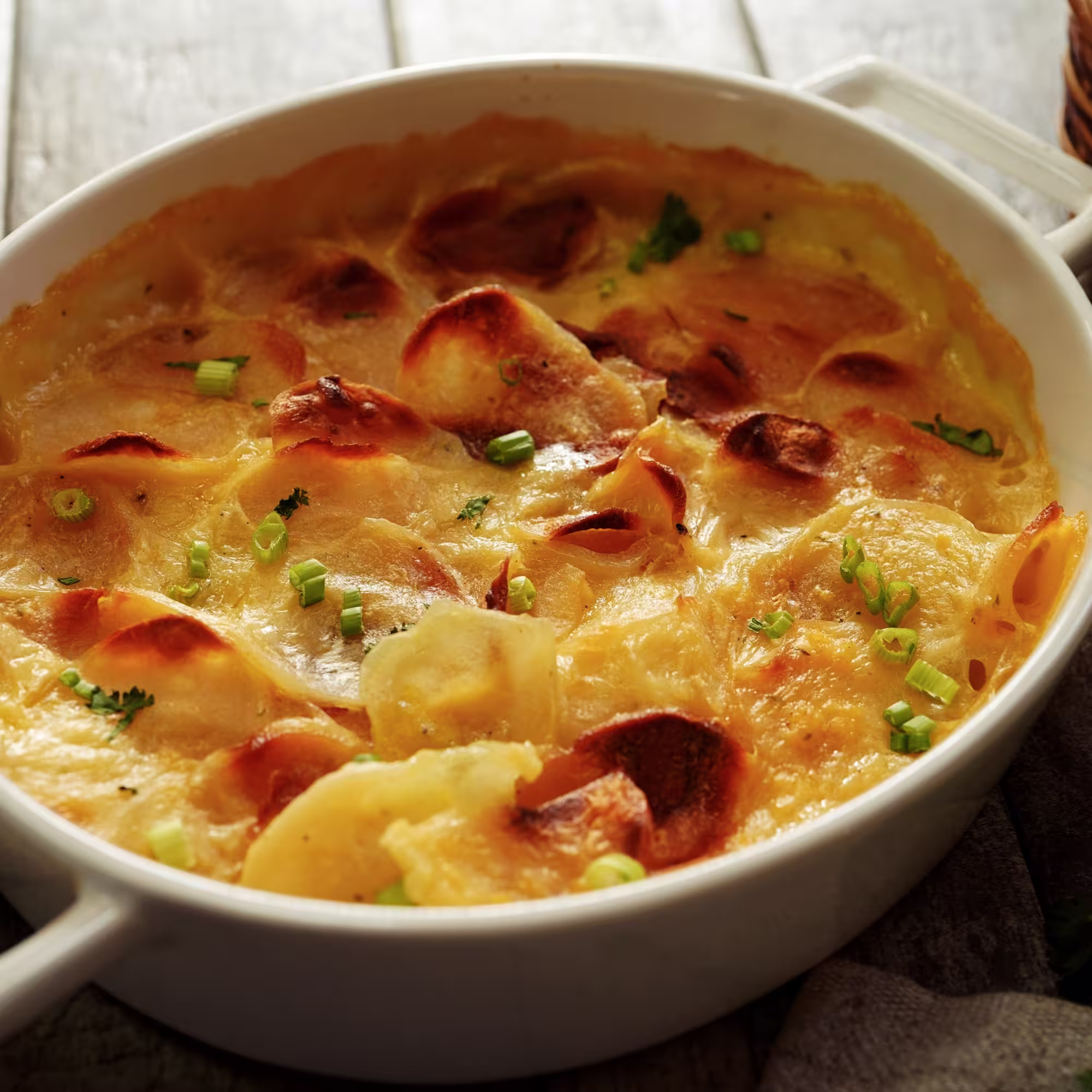 Creamy baked potato gratin with melted cheese and garnished with chopped green onions in a white casserole dish.