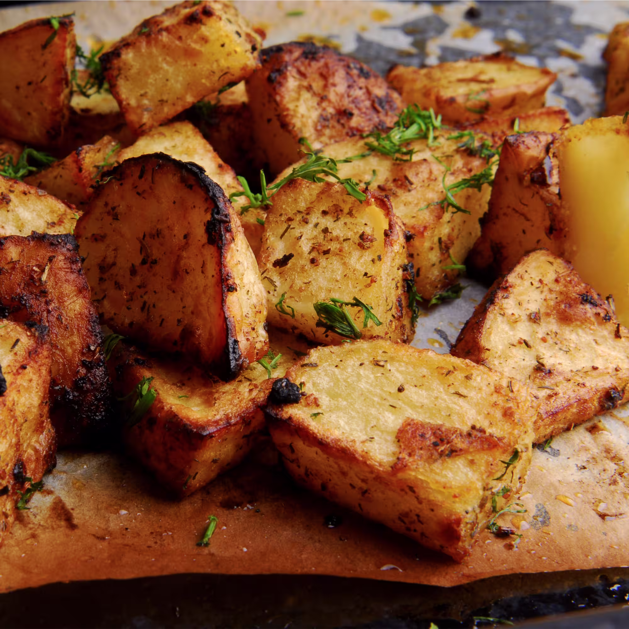 Close-up of crispy roasted potato chunks seasoned with herbs and garnished with fresh parsley.