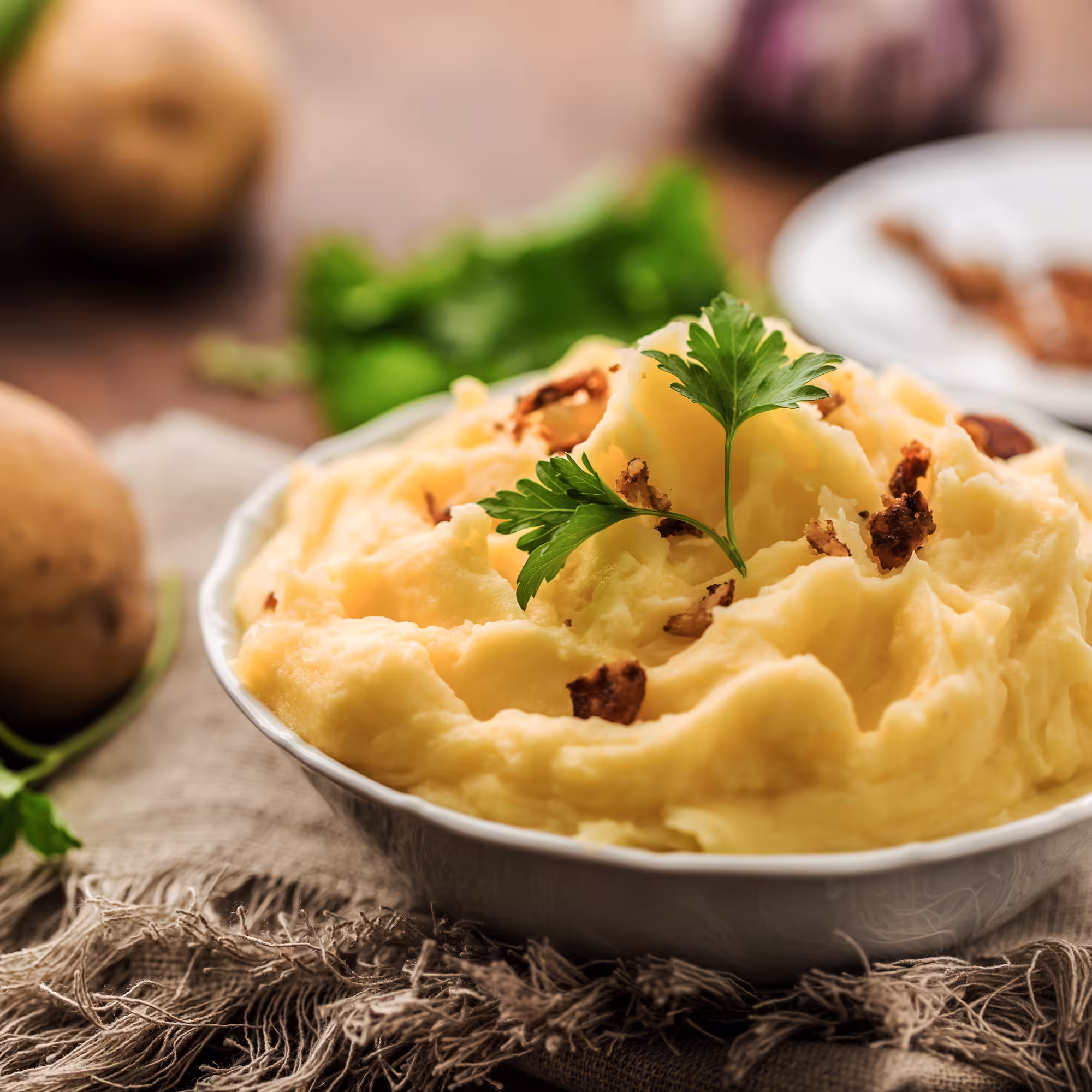 Bowl of mashed potatoes garnished with parsley and crispy fried onions on a rustic cloth.