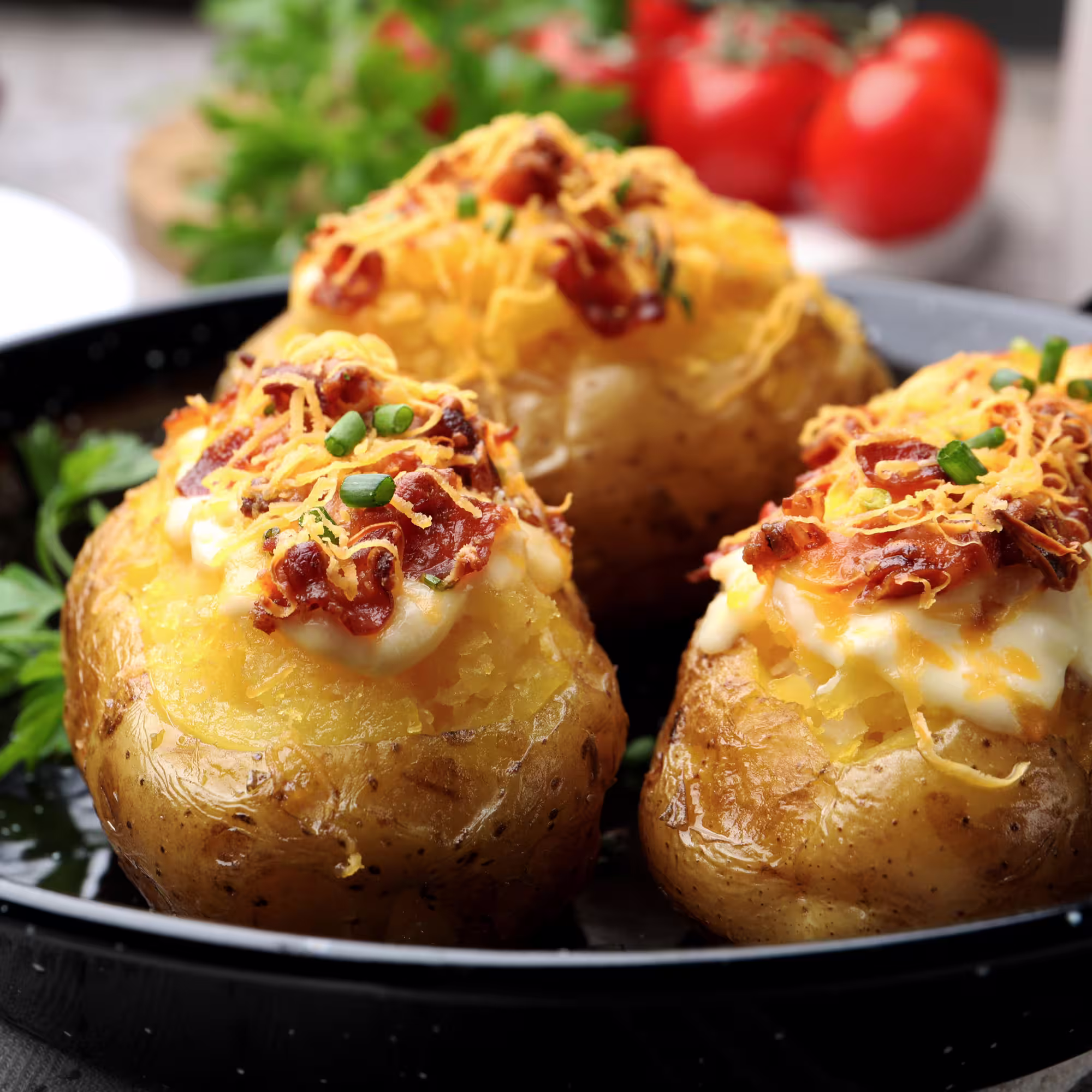 Three baked potatoes topped with melted cheese, crispy bacon bits, sour cream, and chopped green onions on a black plate.
