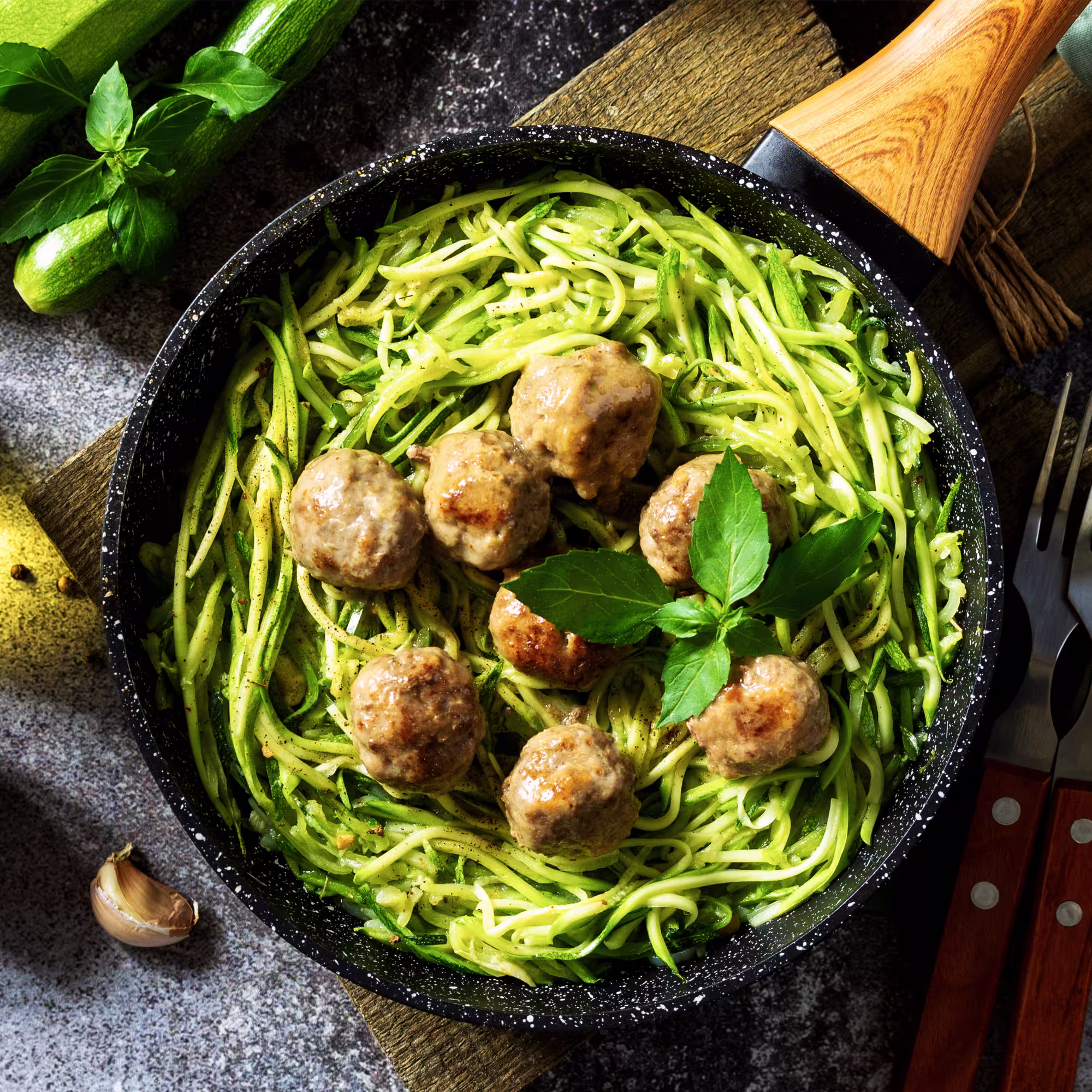 Skillet with zucchini noodles topped with seven cooked meatballs and garnished with fresh basil leaves.