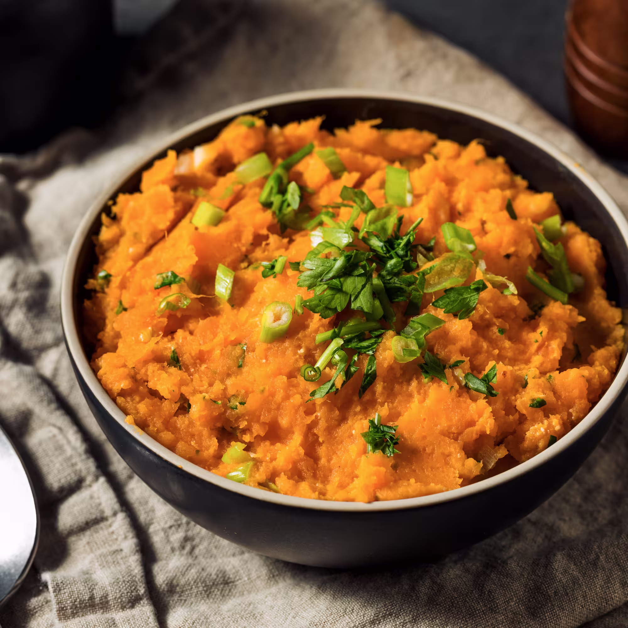 Bowl of mashed sweet potatoes garnished with chopped green onions and parsley on a cloth surface.