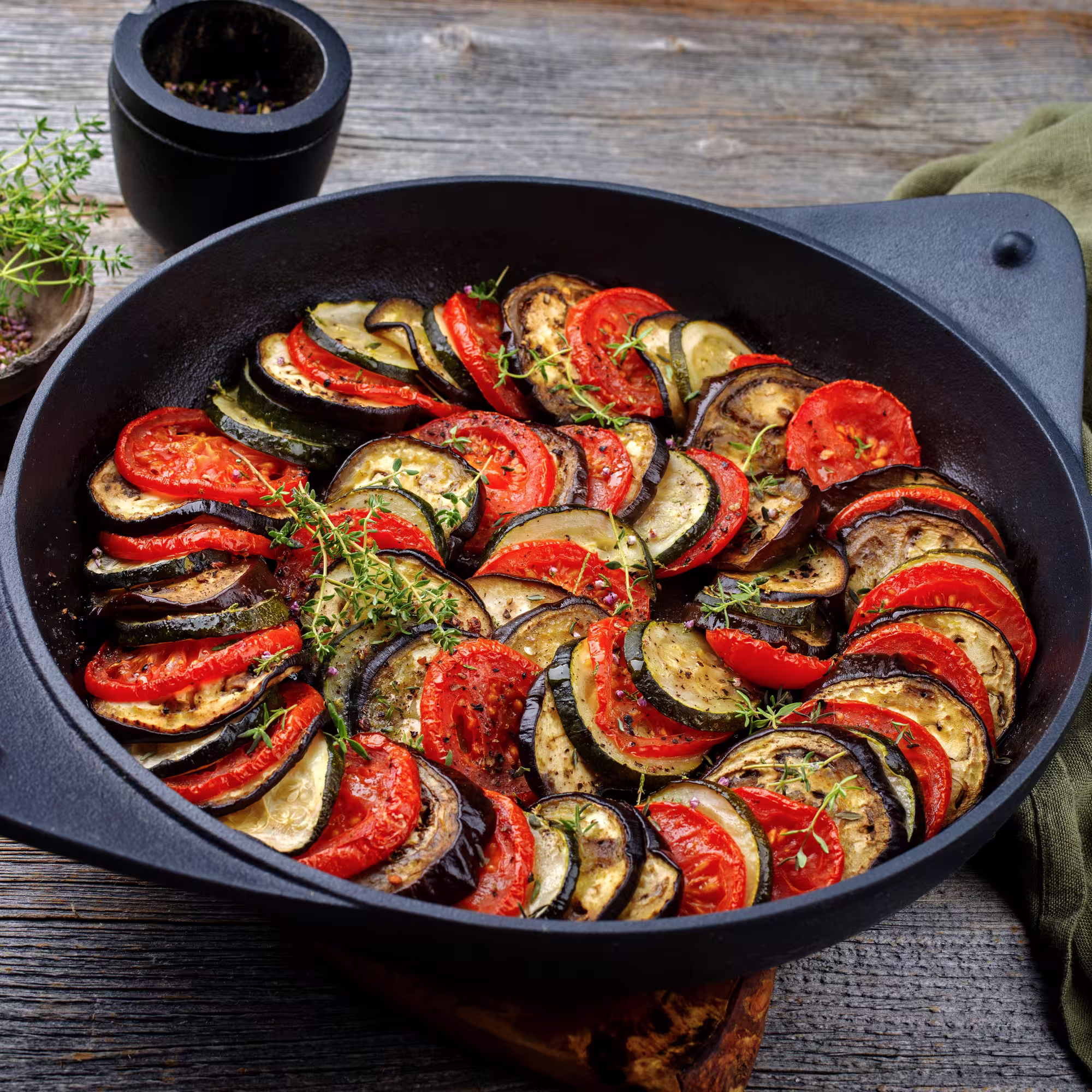 Sliced zucchini, eggplant, and tomatoes garnished with fresh herbs in a black pan.
