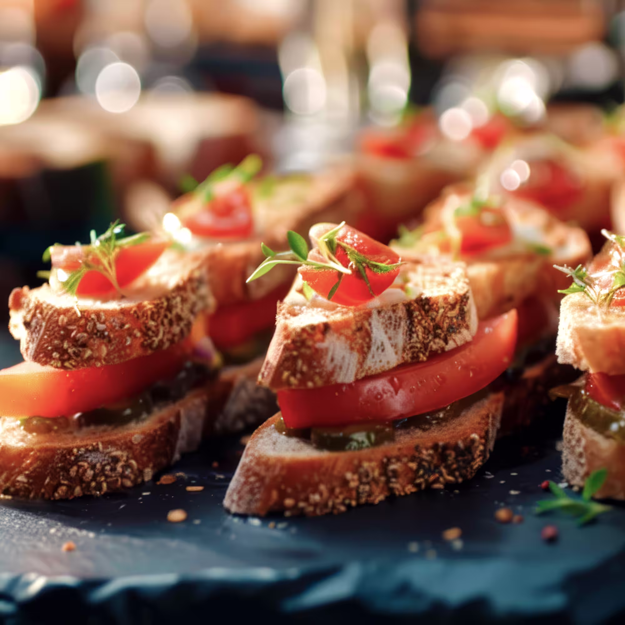 Close-up of sesame seed sandwich bites with tomato slices, herbs, and cream on a dark surface.