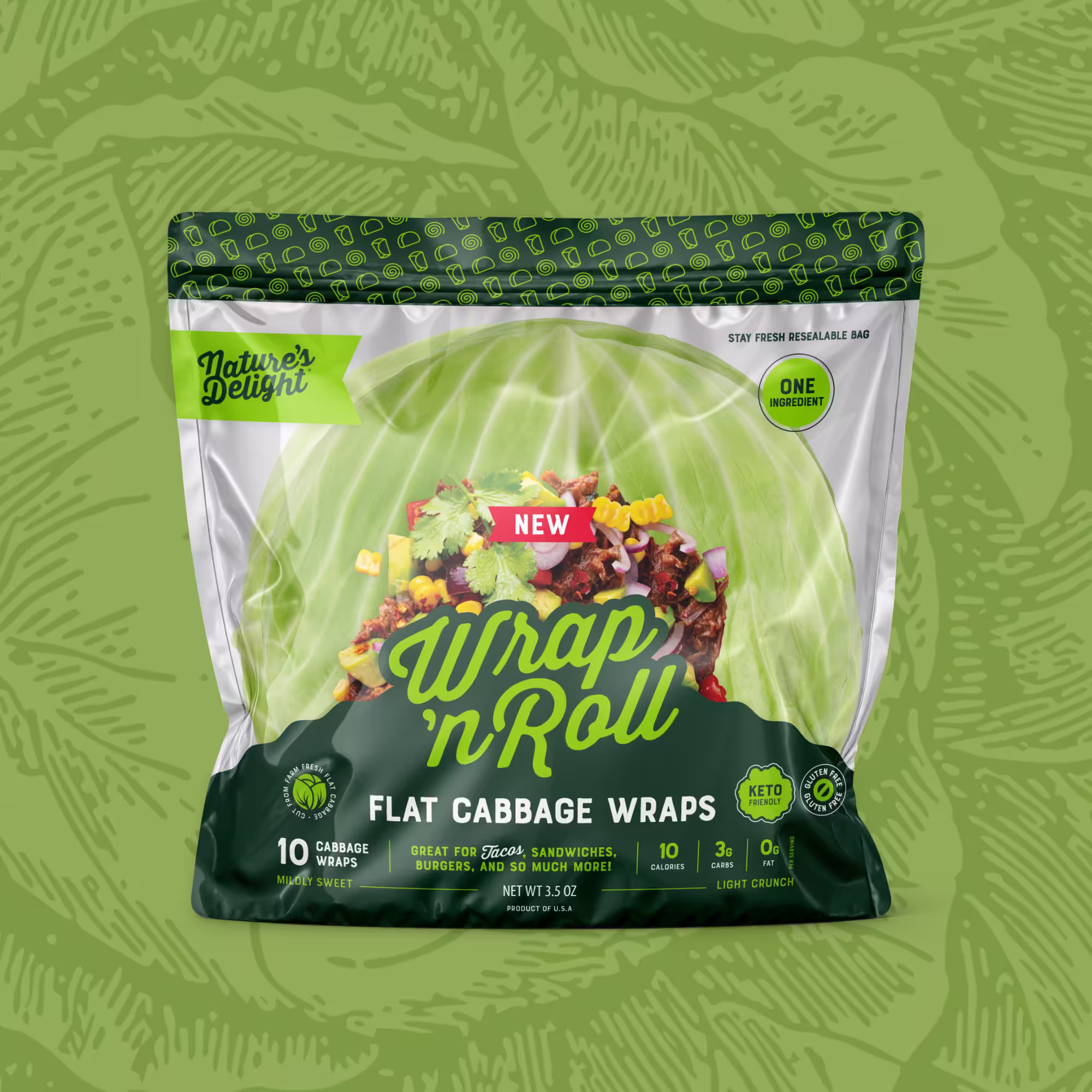 Nature's Delight Wrap 'n Roll flat cabbage wraps package with image of filled cabbage wrap, keto-friendly and gluten-free.