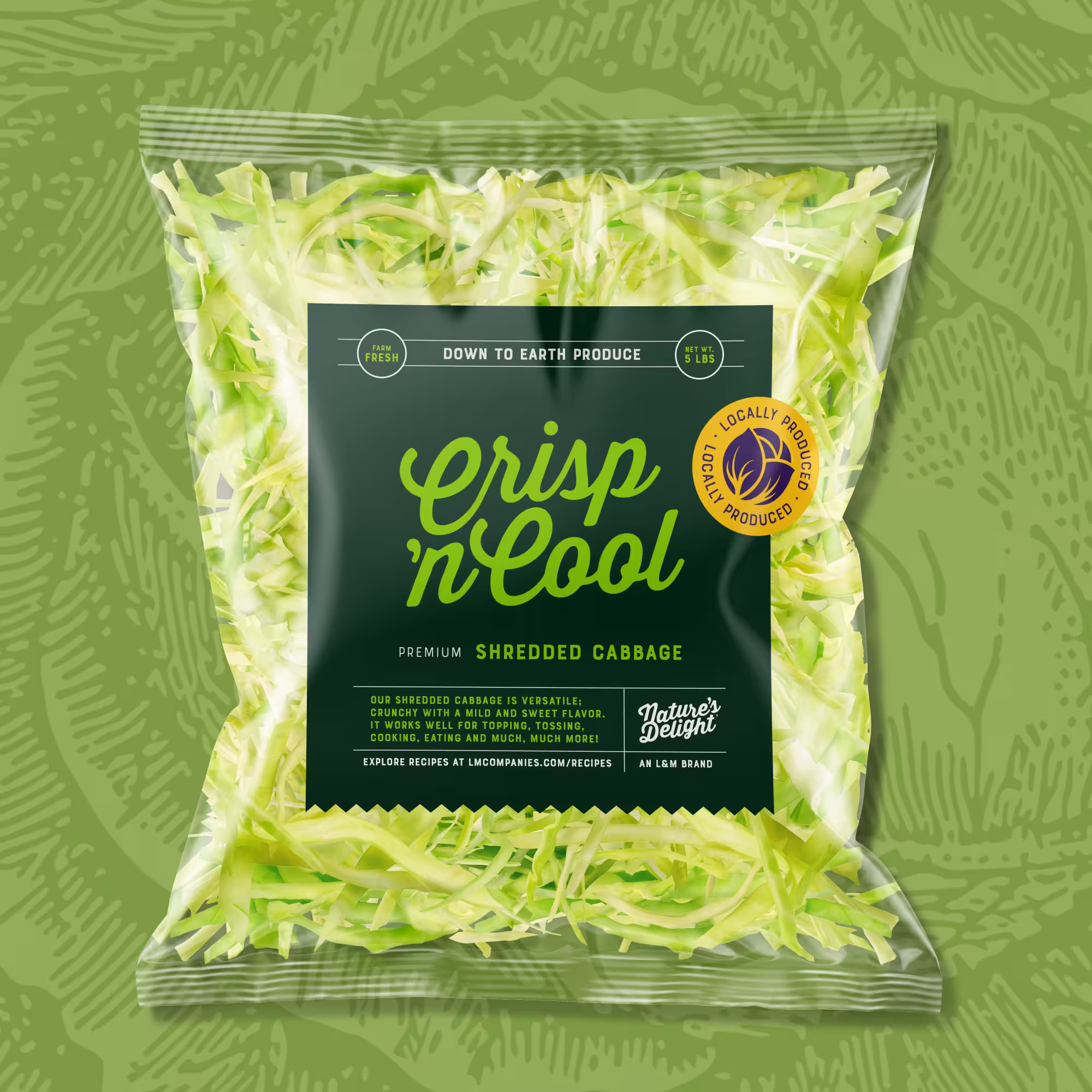 Bag of Crisp ’n Cool premium shredded cabbage with green and yellow label on a green leafy background.