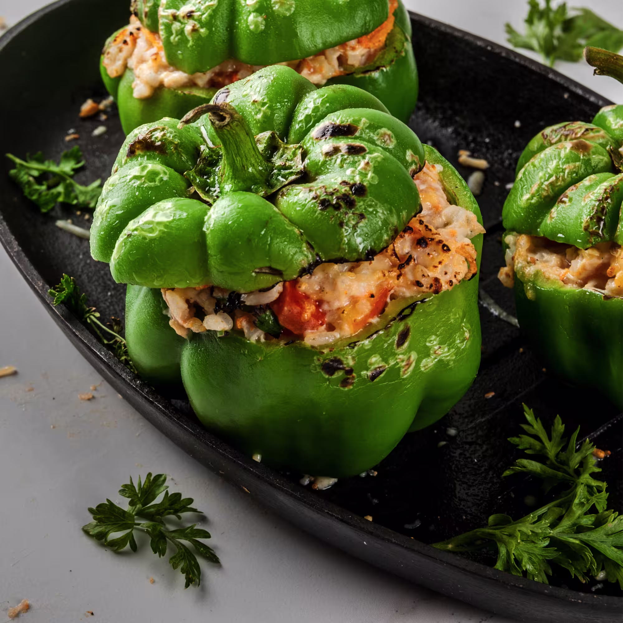 Grilled green bell peppers stuffed with rice, vegetables, and herbs on a black tray with parsley garnish.