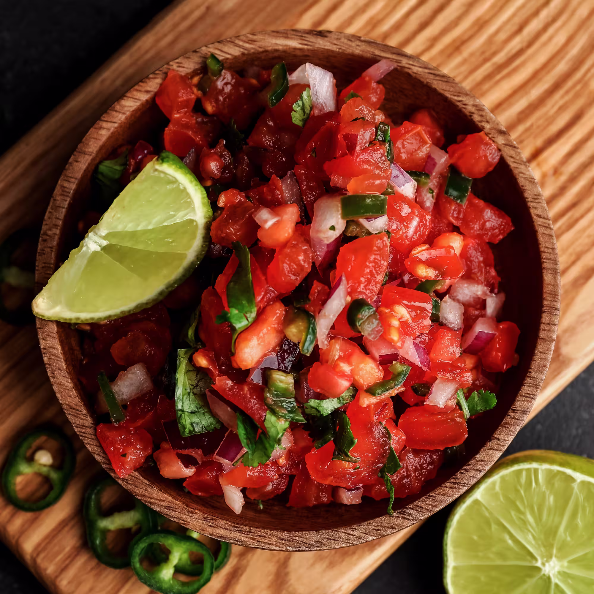 Wooden bowl of fresh pico de gallo with diced tomatoes, onions, jalapeños, cilantro, and a lime wedge on top and sliced jalapeños and lime nearby.