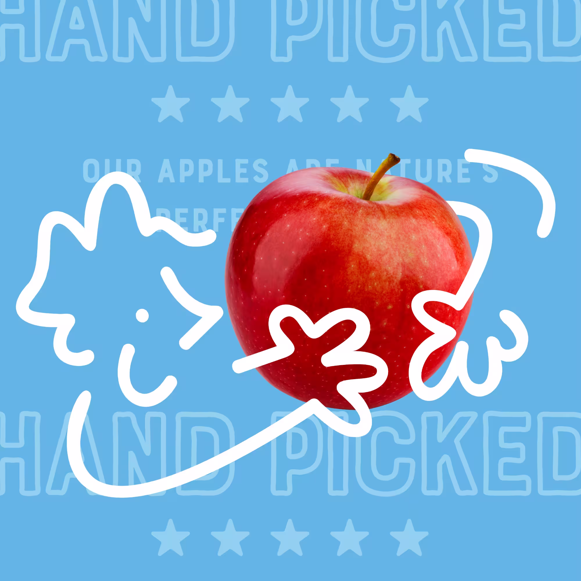 Cartoon outline of a person hugging a bright red apple on a blue background with faded text about hand-picked apples.