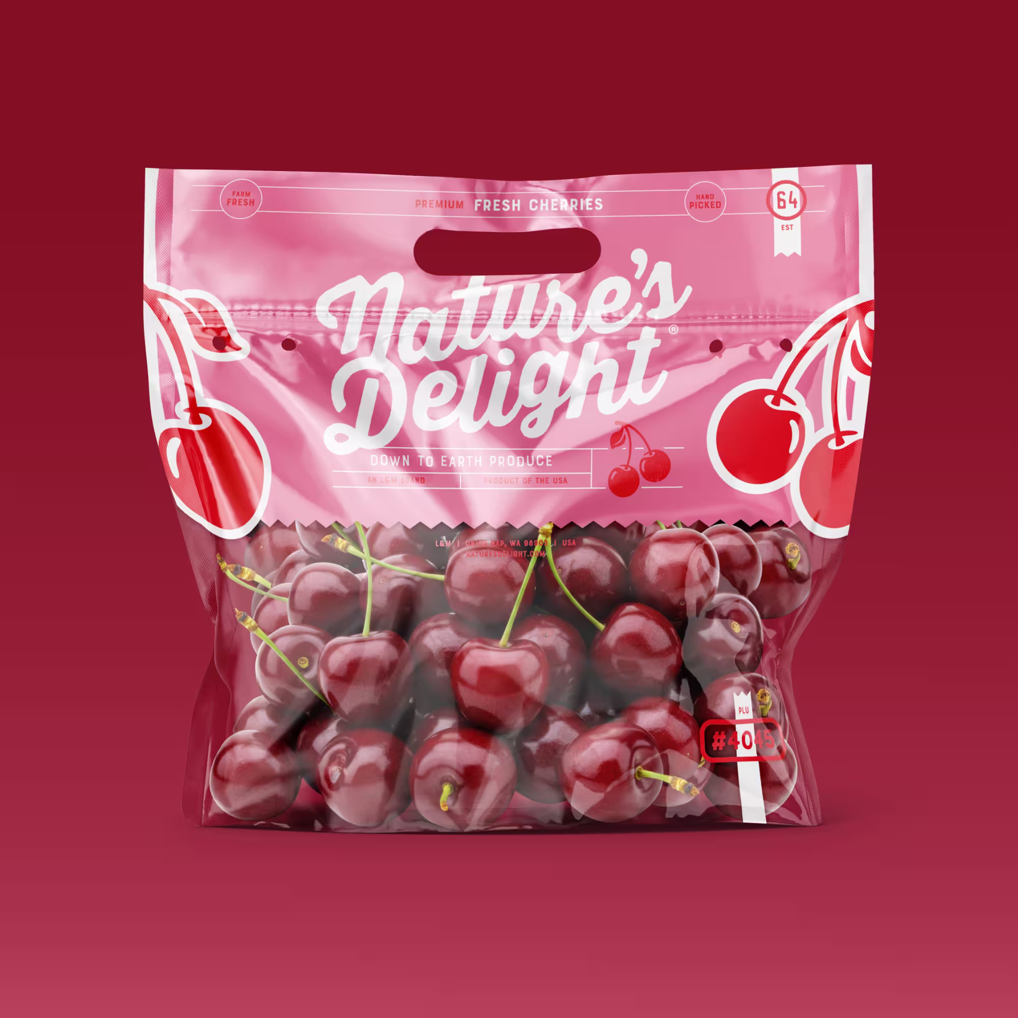 Clear plastic bag of fresh red cherries labeled Nature's Delight with pink branding and cherry illustrations.
